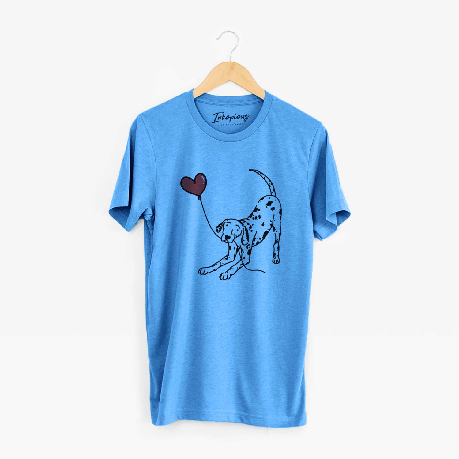 Minimalist line drawing of a Dalmatian Heart String holding a heart balloon on a Blue Unisex crewneck