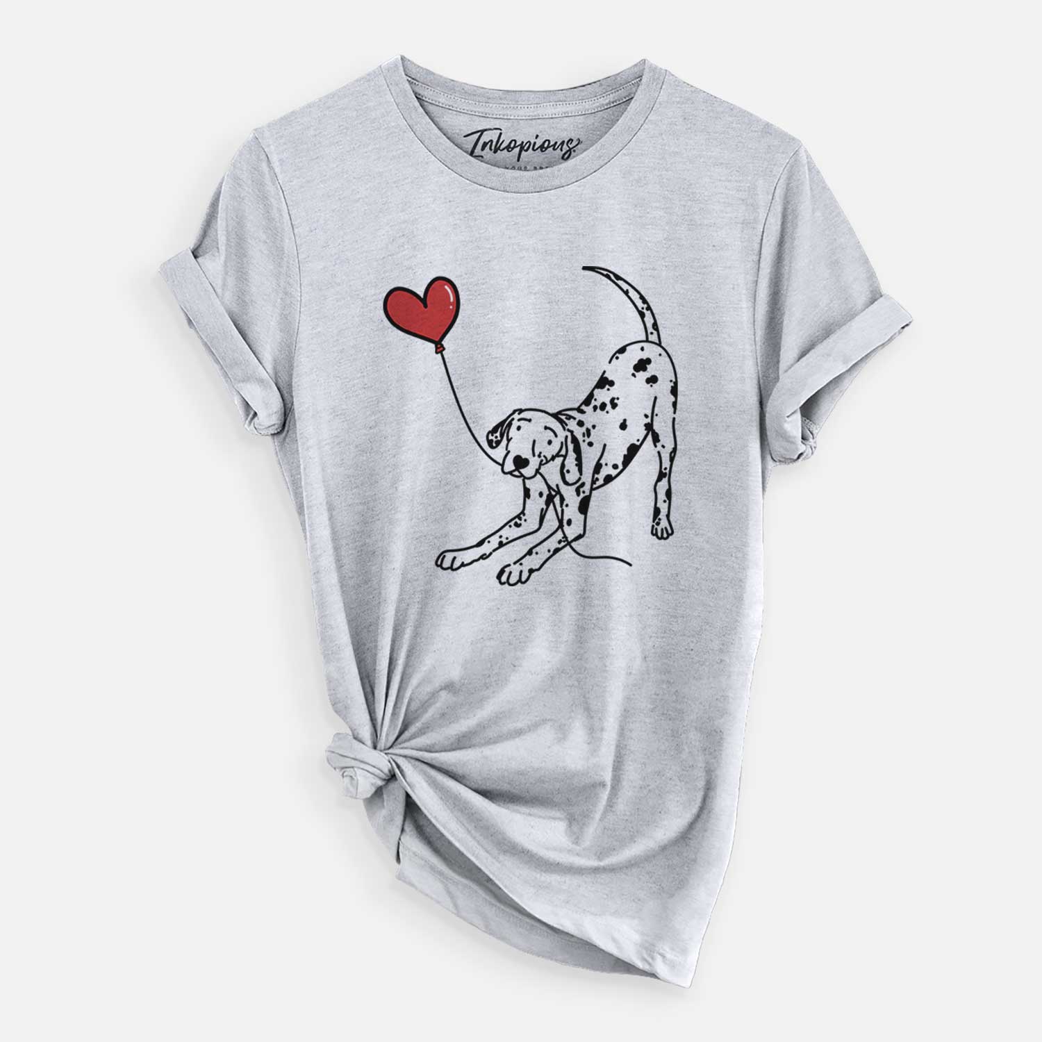 Minimalist line drawing of a Dalmatian Heart String holding a heart balloon on a Grey Unisex crewneck