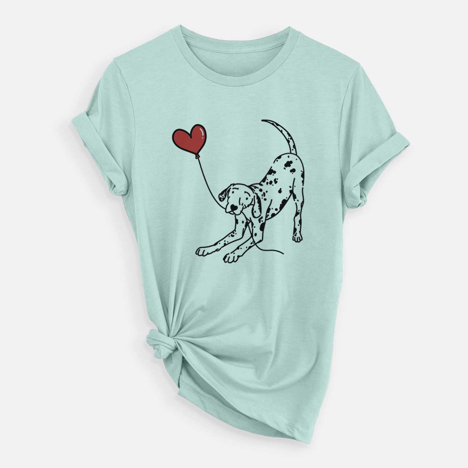 Minimalist line drawing of a Dalmatian Heart String holding a heart balloon on a Heather Sage Unisex crewneck