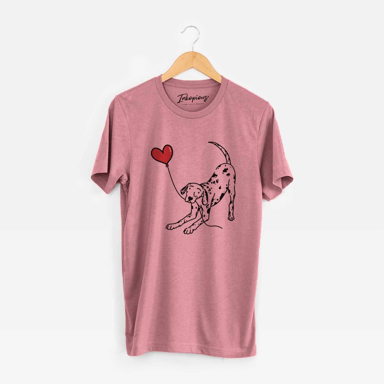 Minimalist line drawing of a Dalmatian Heart String holding a heart balloon on a Mauve Unisex crewneck