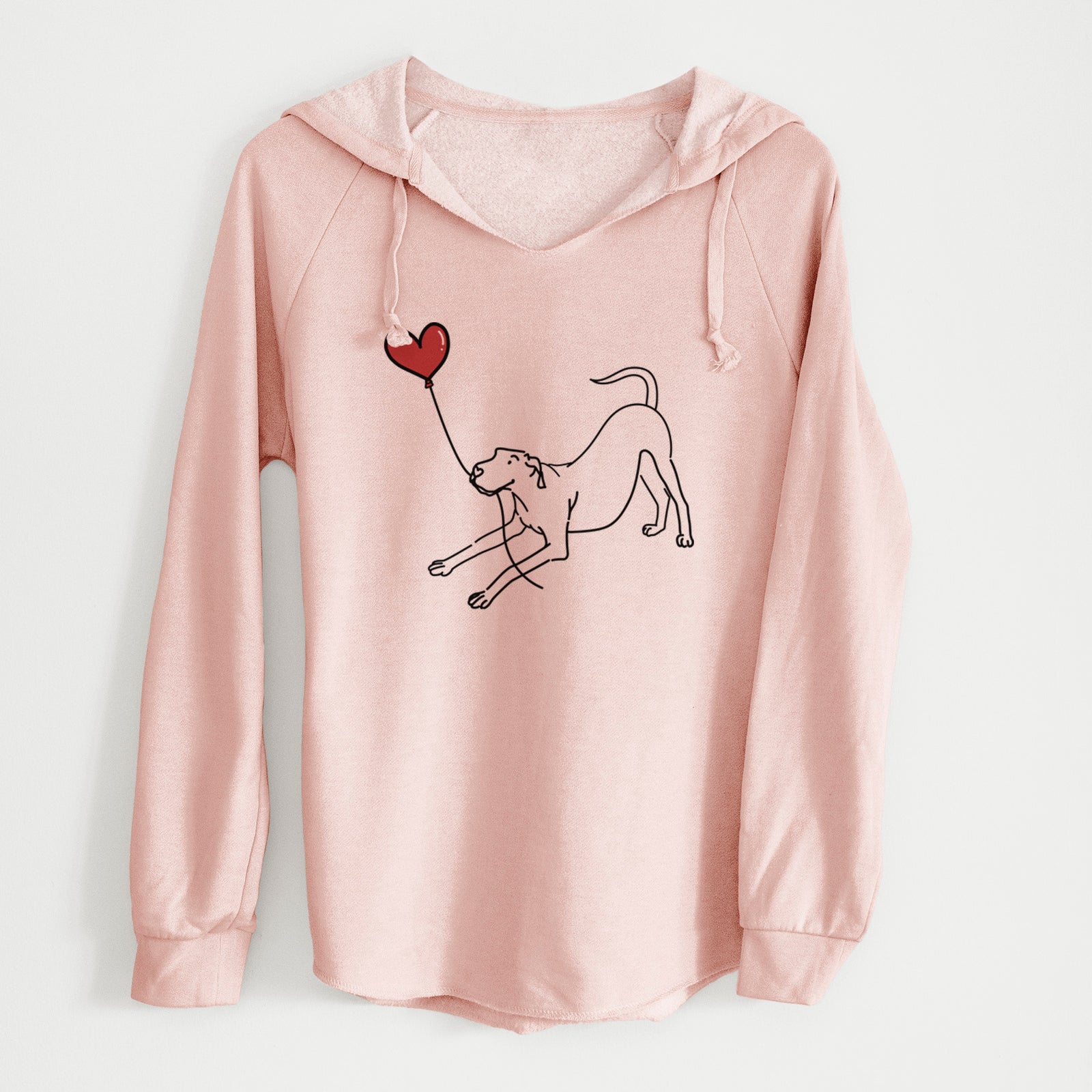 Minimalist line drawing of a Great Dane Heart String holding a heart balloon on a Blush Cali Wave Hooded Sweatshirt
