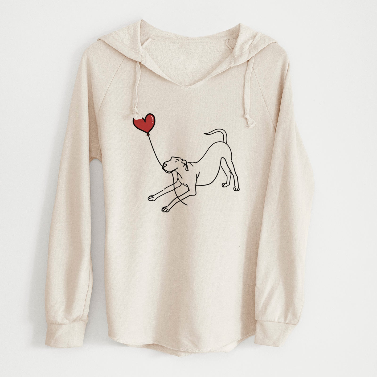 Minimalist line drawing of a Great Dane Heart String holding a heart balloon on a Bone Cali Wave Hooded Sweatshirt