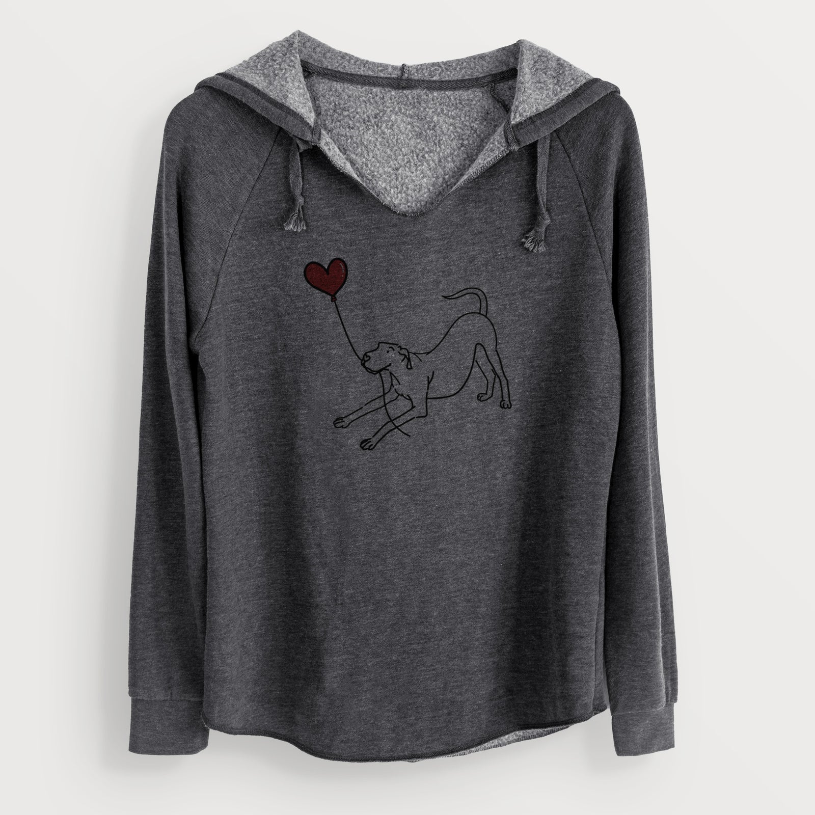 Minimalist line drawing of a Great Dane Heart String holding a heart balloon on a Charcoal Cali Wave Hooded Sweatshirt
