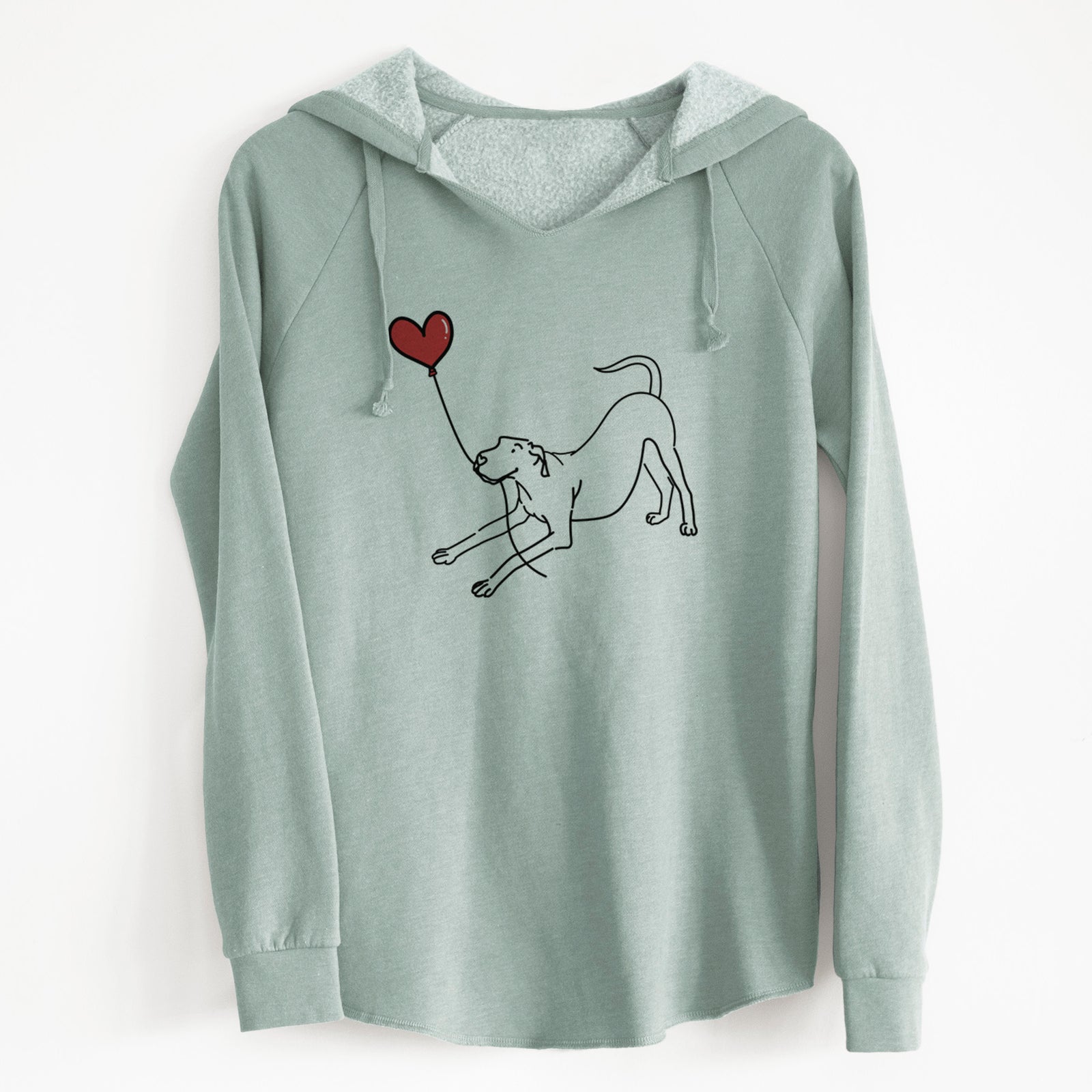 Minimalist line drawing of a Great Dane Heart String holding a heart balloon on a Sage Cali Wave Hooded Sweatshirt