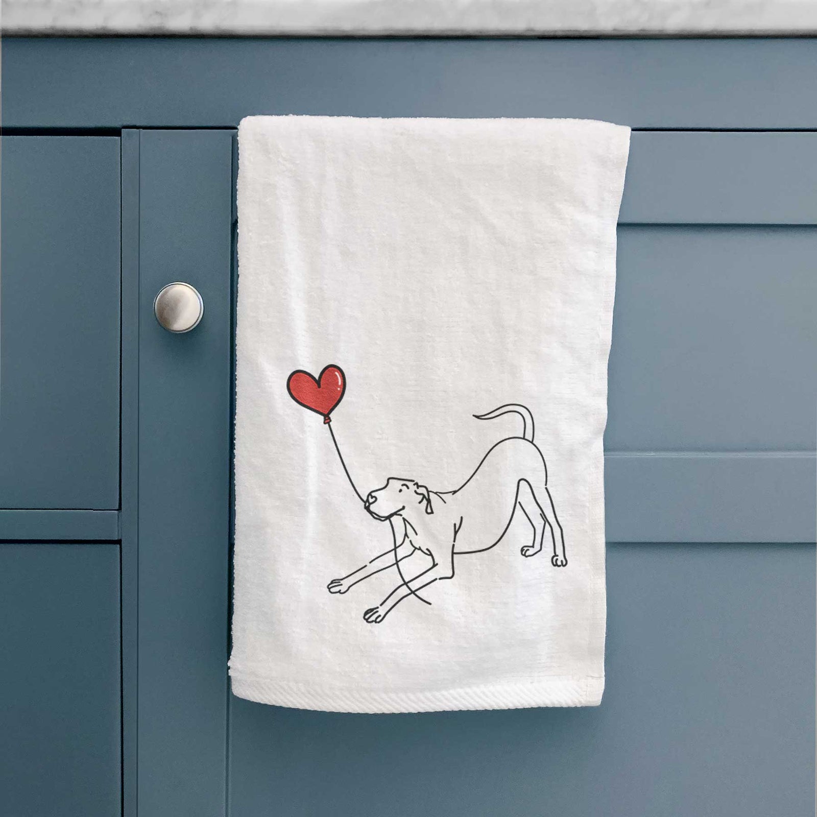 Minimalist line drawing of a Great Dane Heart String holding a heart balloon on a decorative hand towel