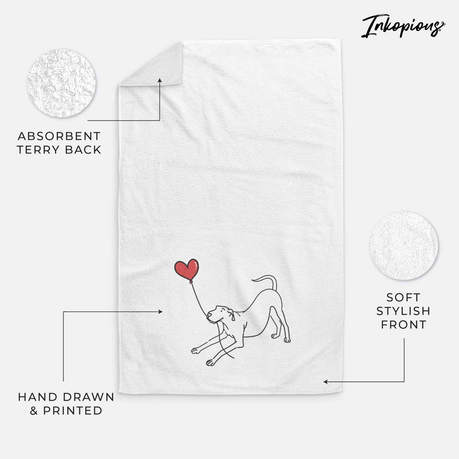 Minimalist line drawing of a Great Dane Heart String holding a heart balloon on a decorative hand towel