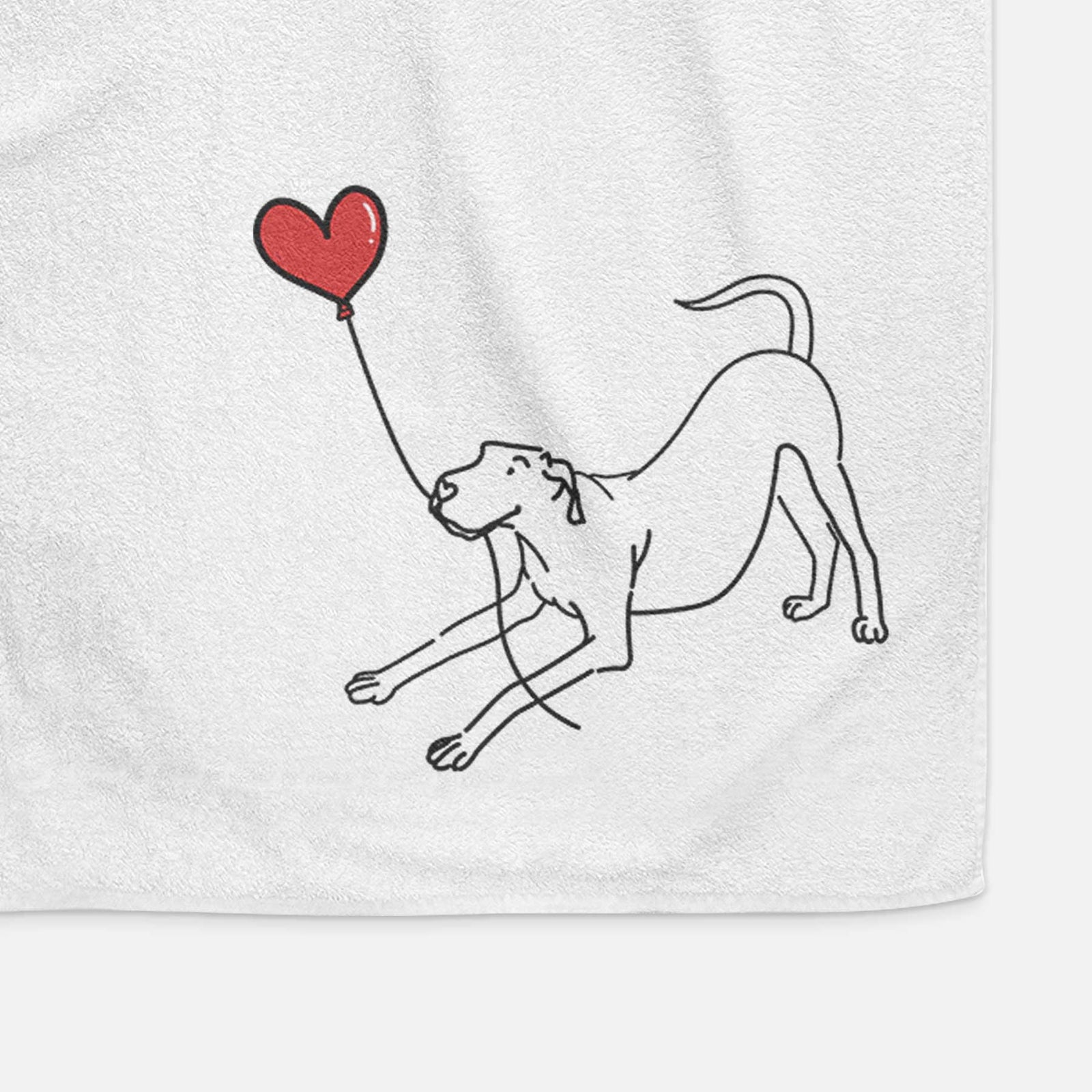 Minimalist line drawing of a Great Dane Heart String holding a heart balloon on a decorative hand towel