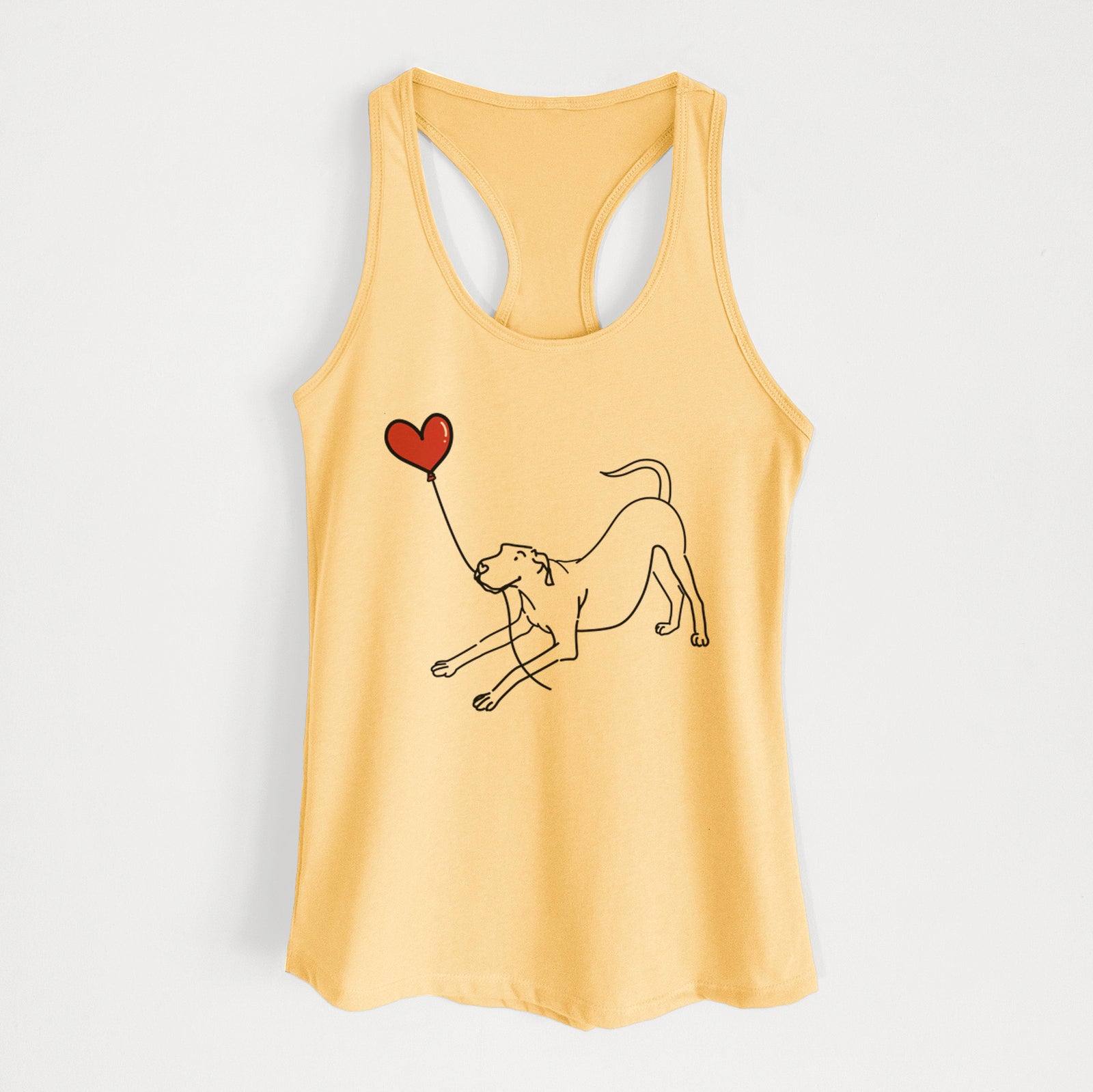 Minimalist line drawing of a Great Dane Heart String holding a heart balloon on a Banana Cream Women's racerback tanktop