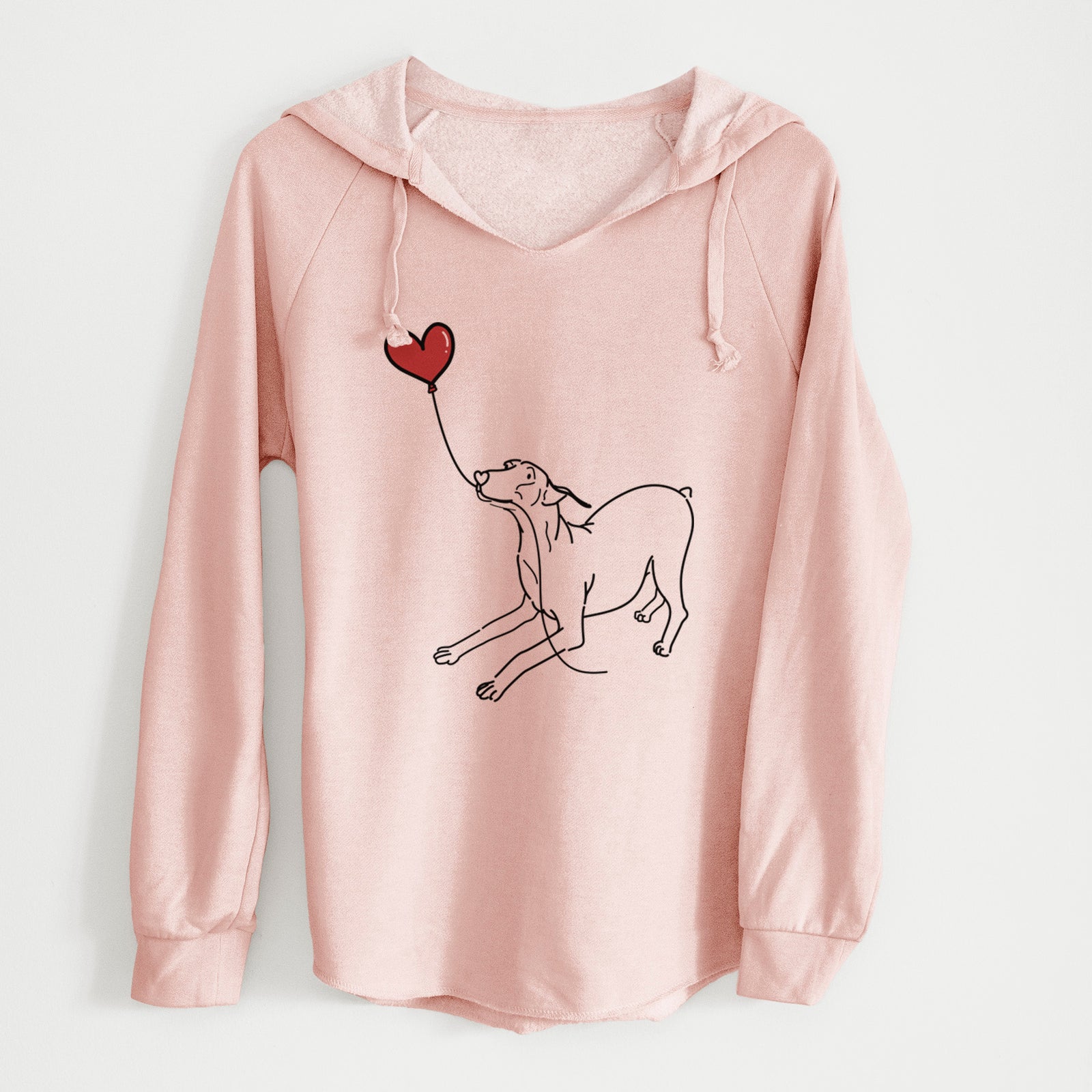 Minimalist line drawing of a Doberman Pinscher Docked Heart String holding a heart balloon on a Blush Cali Wave Hooded Sweatshirt