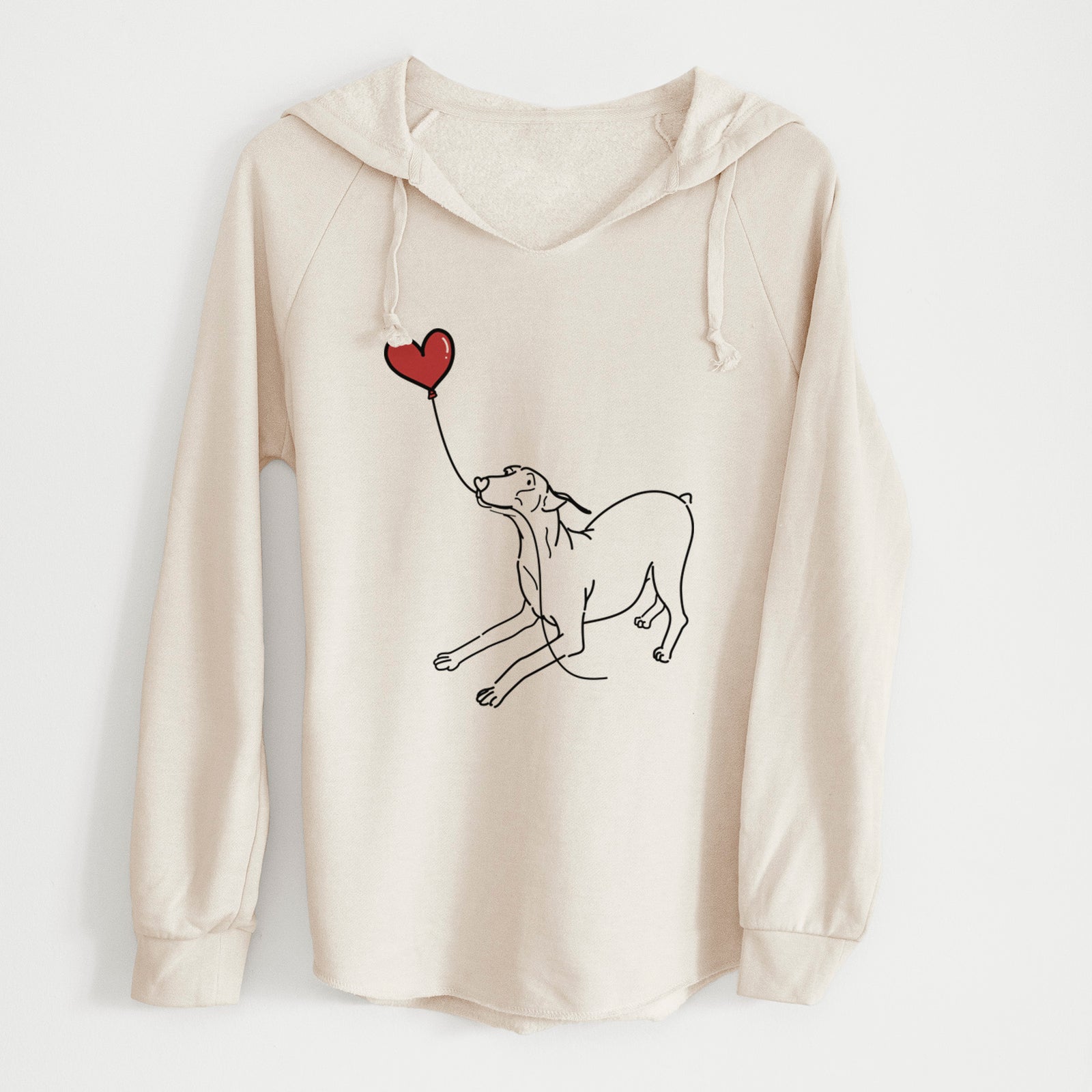 Minimalist line drawing of a Doberman Pinscher Docked Heart String holding a heart balloon on a Bone Cali Wave Hooded Sweatshirt