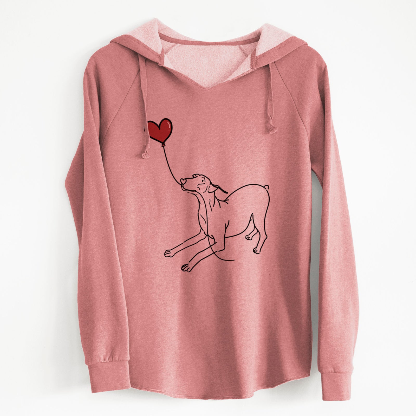 Minimalist line drawing of a Doberman Pinscher Docked Heart String holding a heart balloon on a Dusty Rose Cali Wave Hooded Sweatshirt