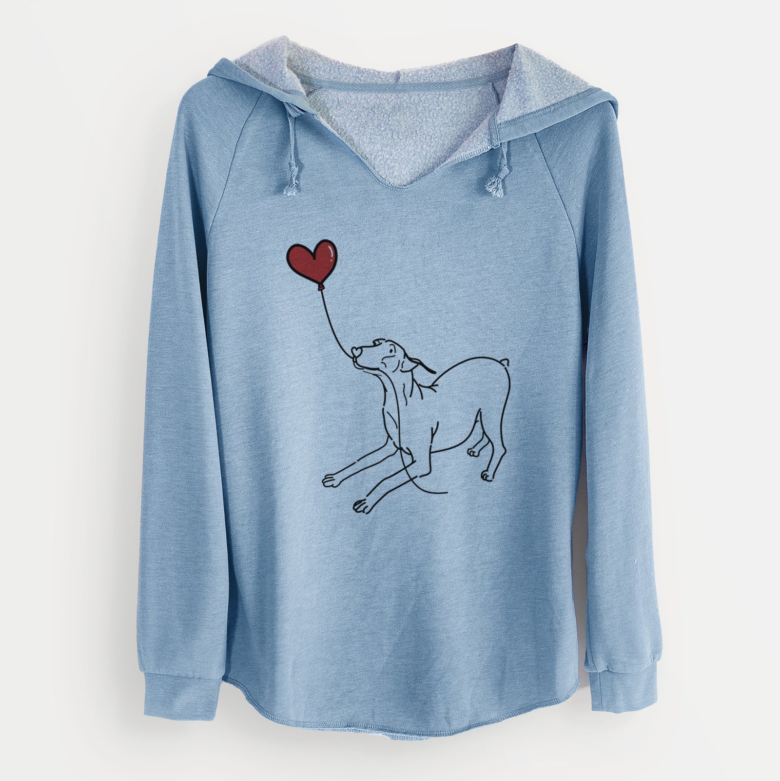 Minimalist line drawing of a Doberman Pinscher Docked Heart String holding a heart balloon on a Misty Blue Cali Wave Hooded Sweatshirt