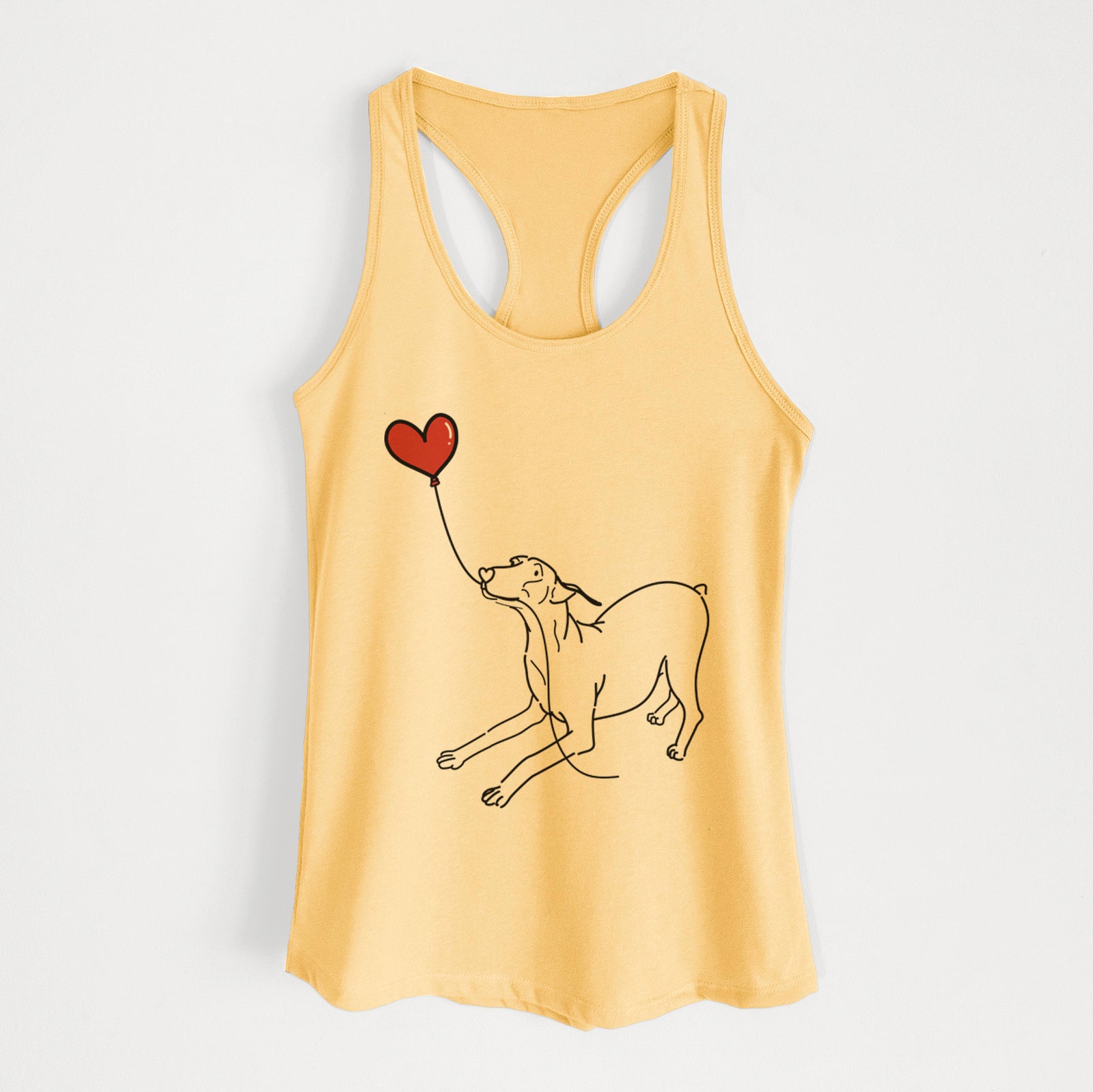 Minimalist line drawing of a Doberman Pinscher Docked Heart String holding a heart balloon on a Banana Cream Women's racerback tanktop