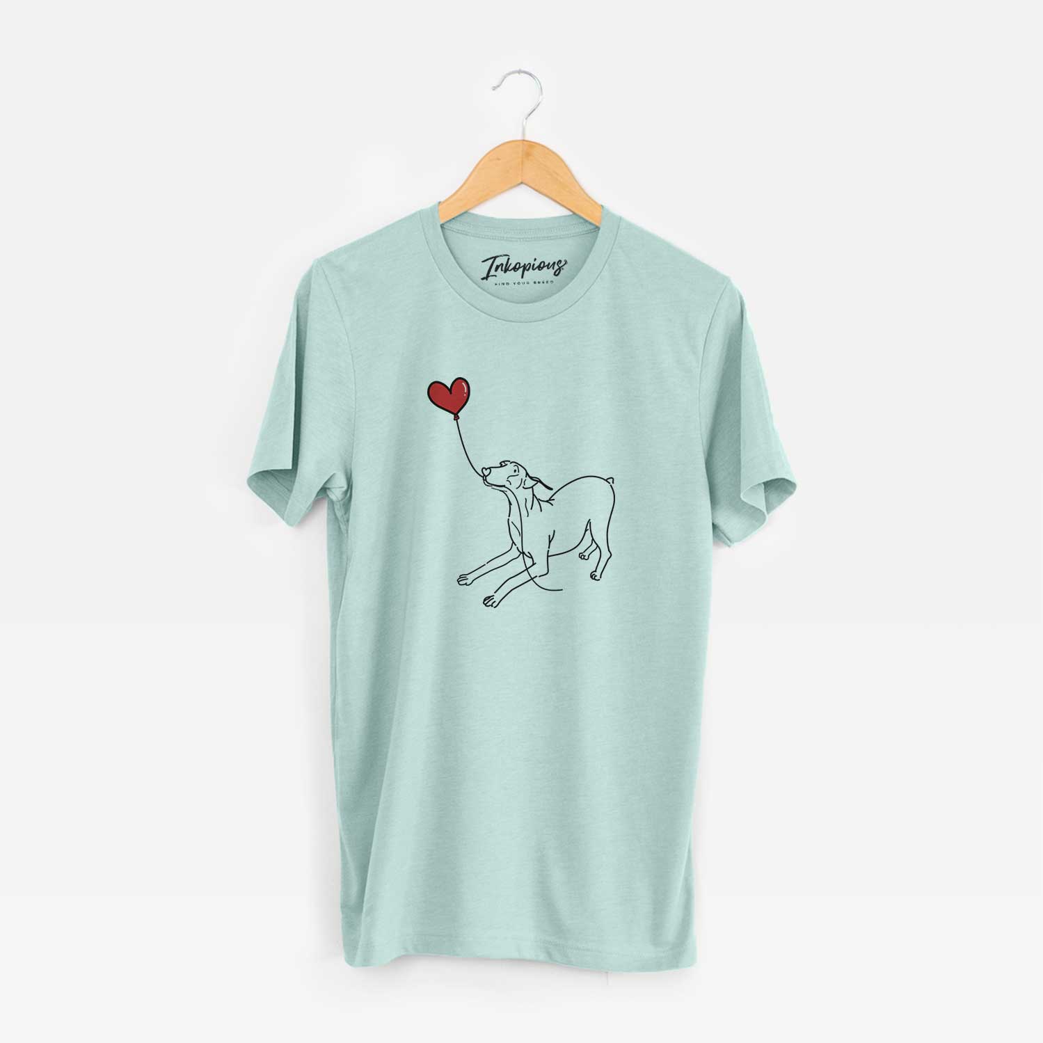 Minimalist line drawing of a Doberman Pinscher Docked Heart String holding a heart balloon on a Heather Sage Unisex crewneck