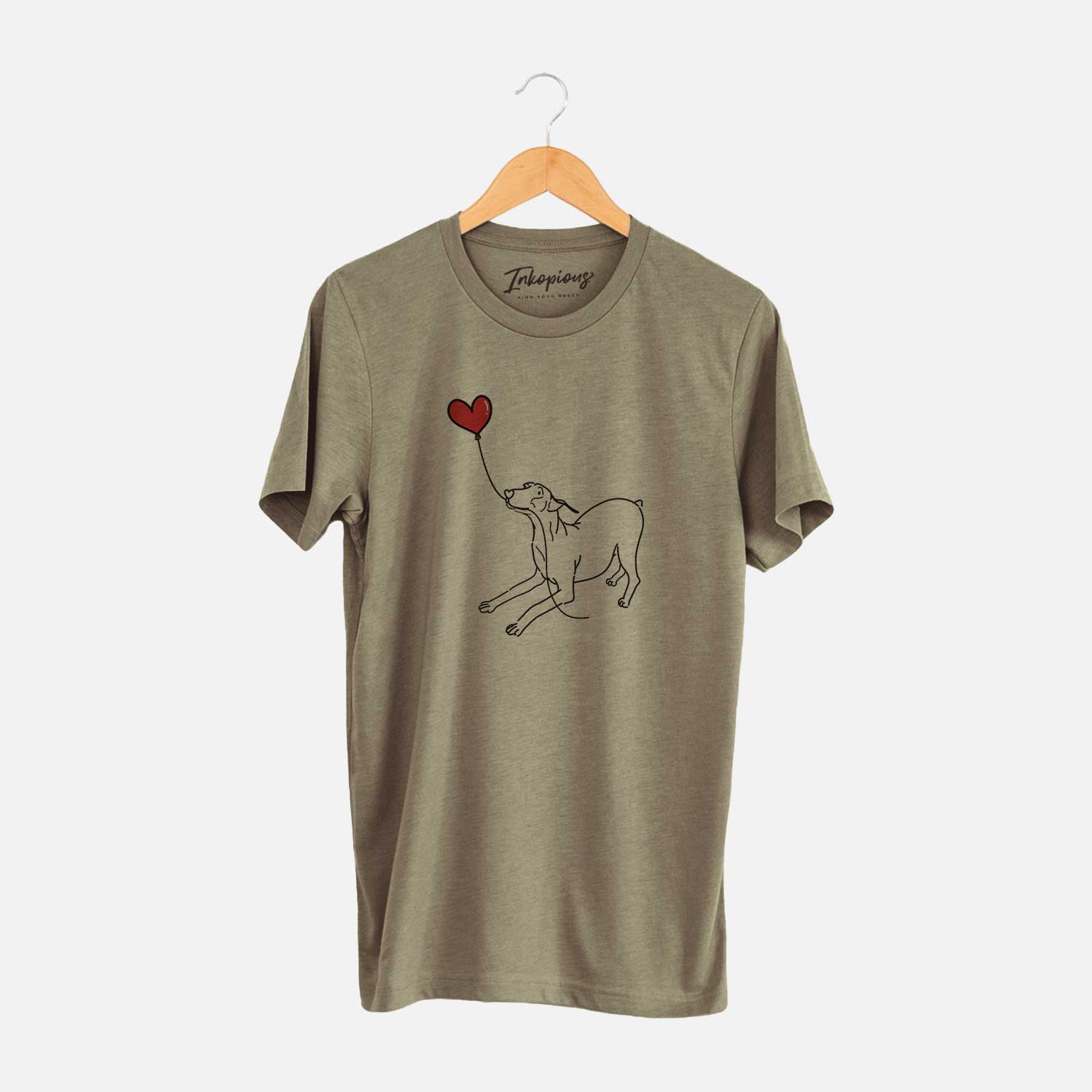 Minimalist line drawing of a Doberman Pinscher Docked Heart String holding a heart balloon on an Olive Unisex crewneck