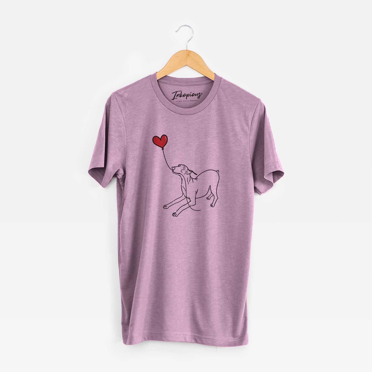 Minimalist line drawing of a Doberman Pinscher Docked Heart String holding a heart balloon on an Orchid Unisex crewneck