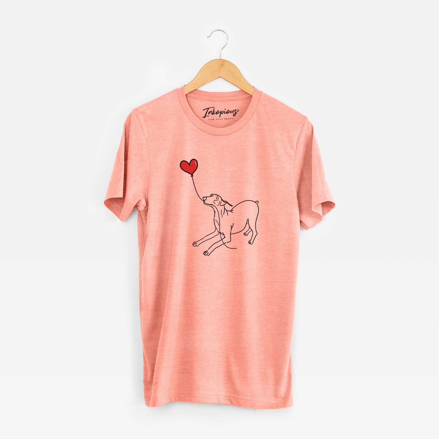 Minimalist line drawing of a Doberman Pinscher Docked Heart String holding a heart balloon on a Sunset Unisex crewneck