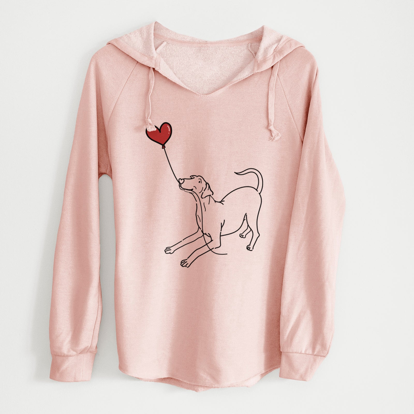 Minimalist line drawing of a Doberman Pinscher Heart String holding a heart balloon on a Blush Cali Wave Hooded Sweatshirt
