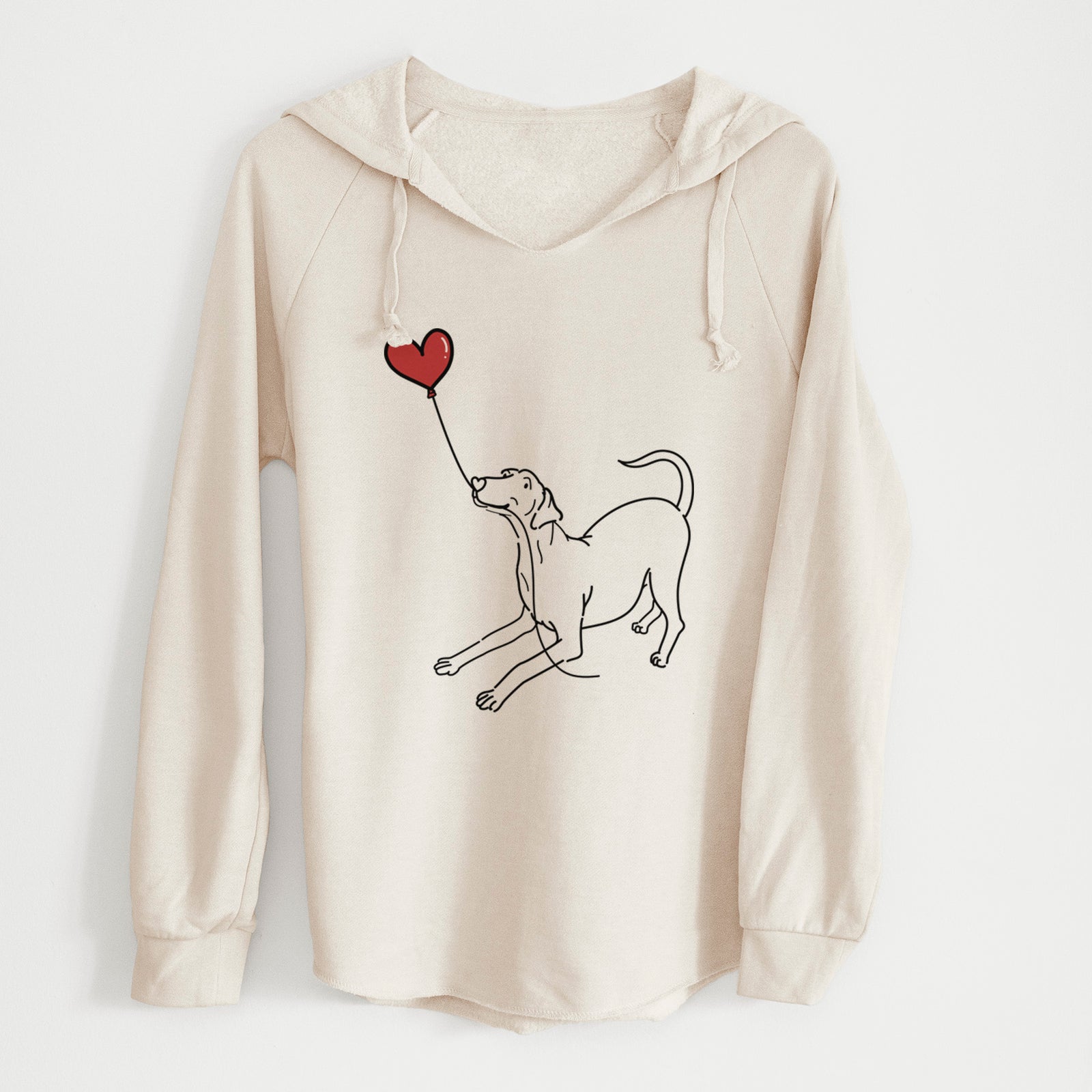 Minimalist line drawing of a Doberman Pinscher Heart String holding a heart balloon on a Bone Cali Wave Hooded Sweatshirt