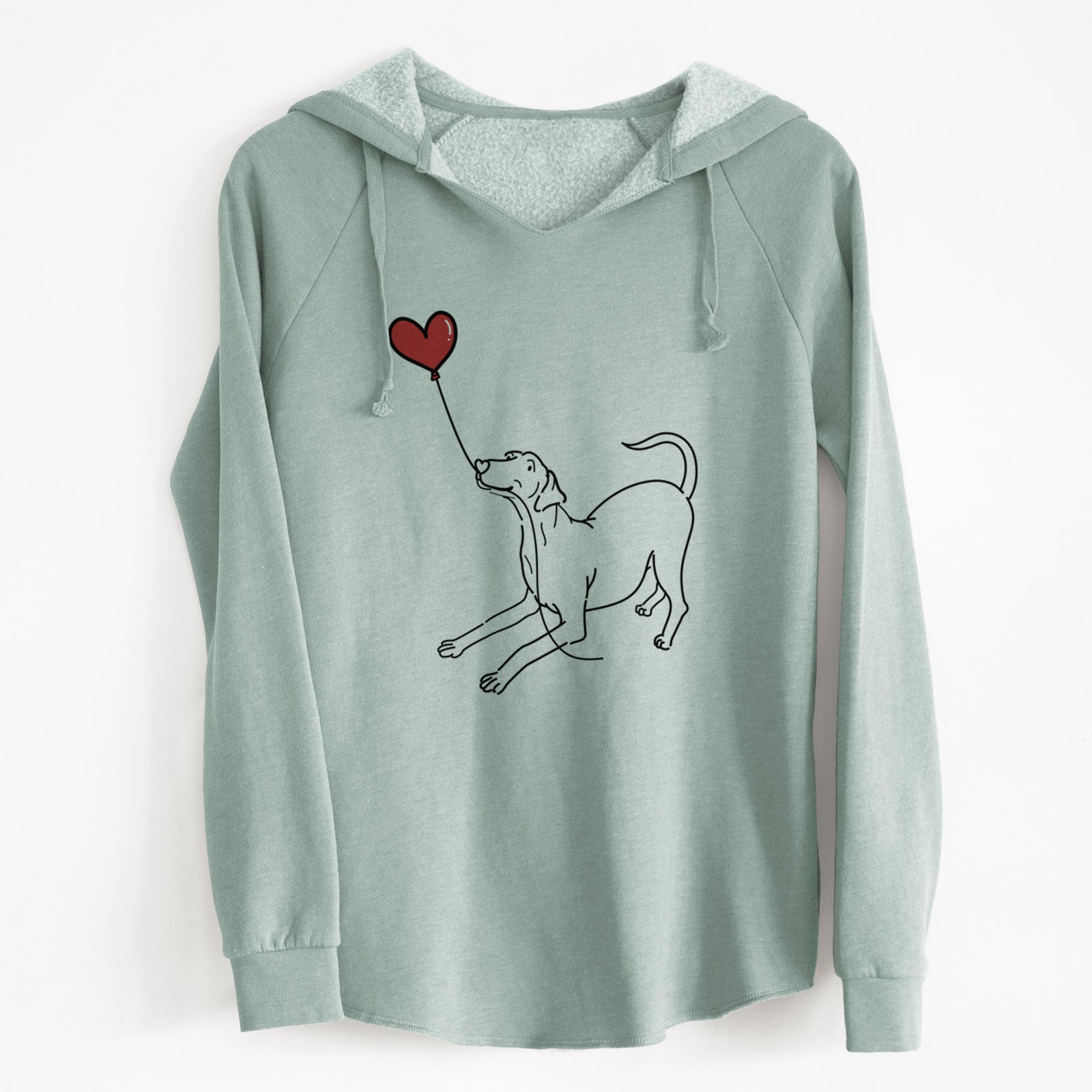 Minimalist line drawing of a Doberman Pinscher Heart String holding a heart balloon on a Sage Cali Wave Hooded Sweatshirt