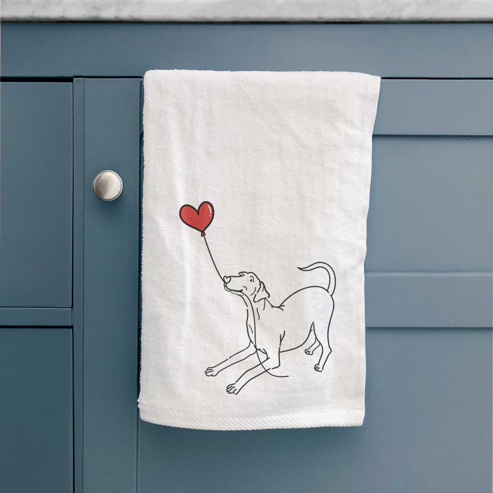 Minimalist line drawing of a Doberman Pinscher Heart String holding a heart balloon on a decorative hand towel