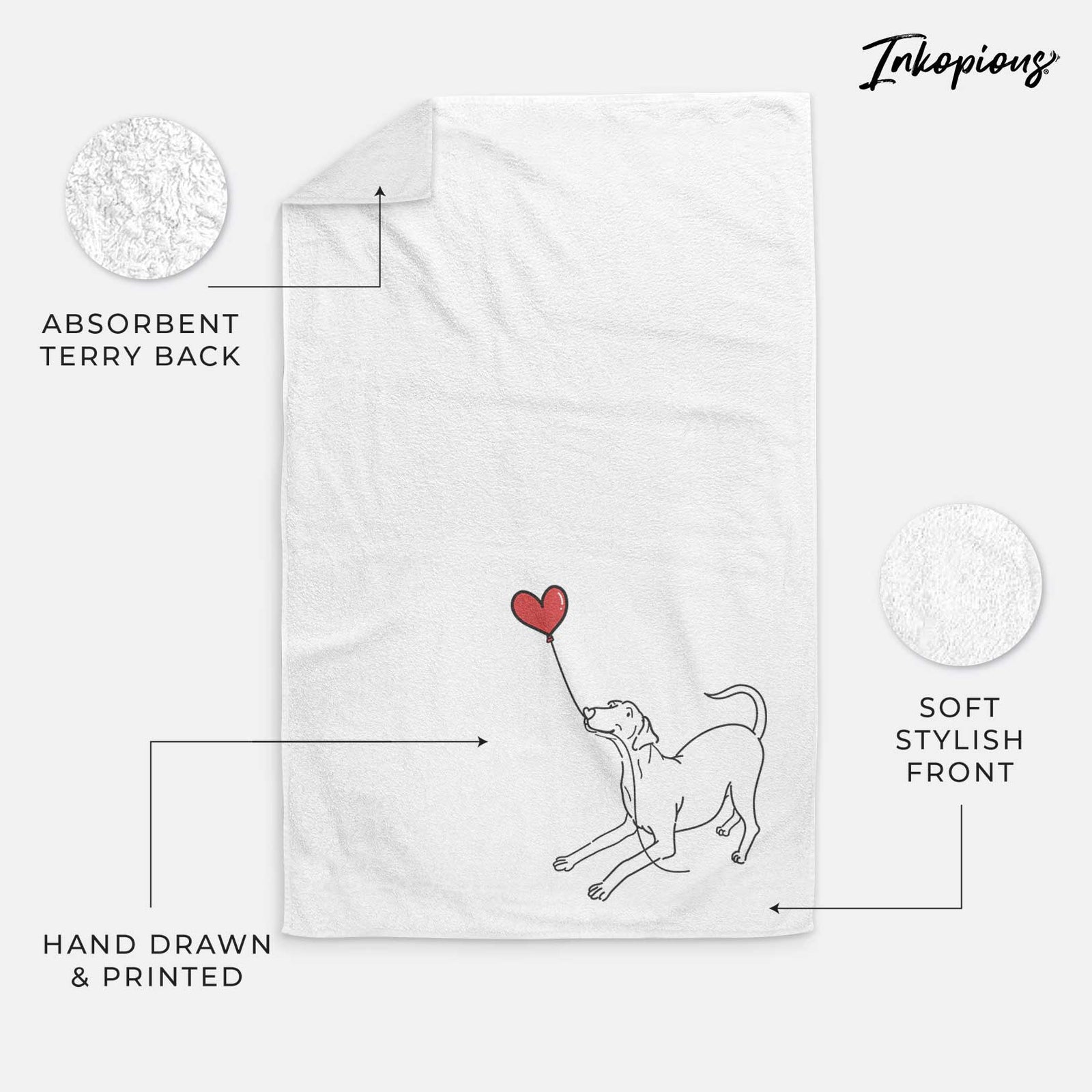 Minimalist line drawing of a Doberman Pinscher Heart String holding a heart balloon on a decorative hand towel