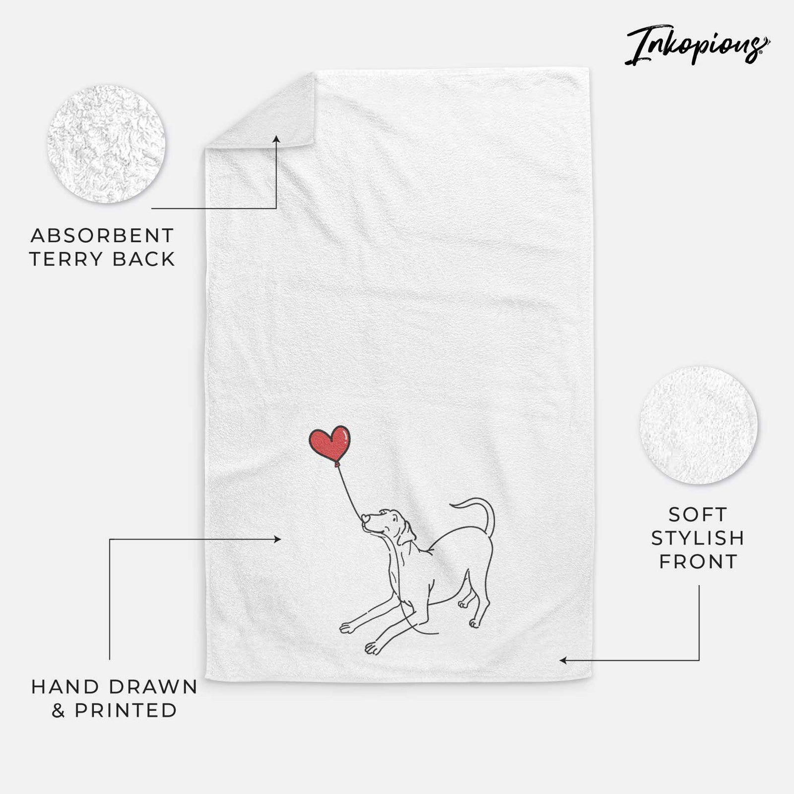 Minimalist line drawing of a Doberman Pinscher Heart String holding a heart balloon on a decorative hand towel