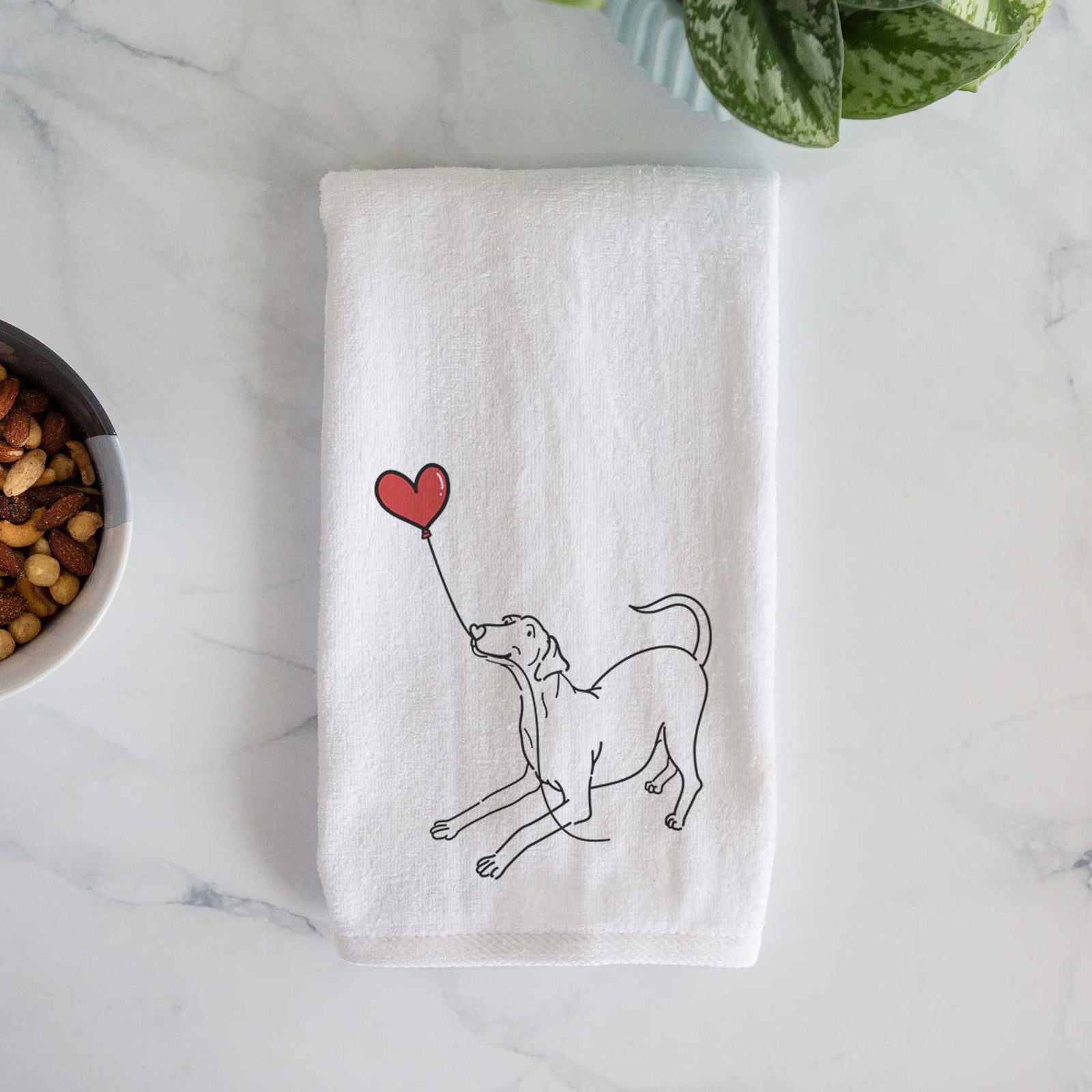 Minimalist line drawing of a Doberman Pinscher Heart String holding a heart balloon on a decorative hand towel