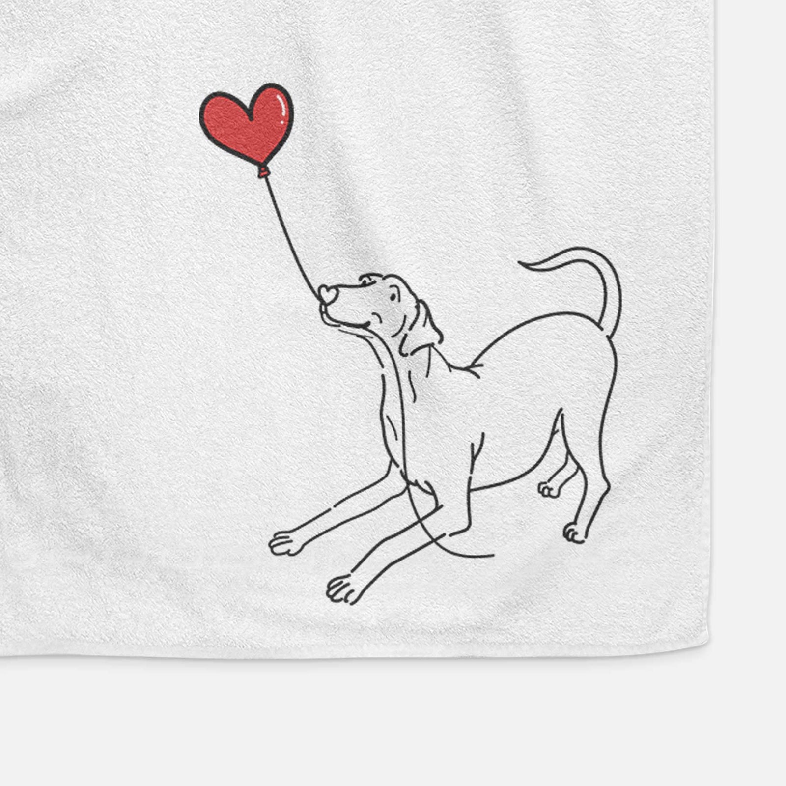 Minimalist line drawing of a Doberman Pinscher Heart String holding a heart balloon on a decorative hand towel