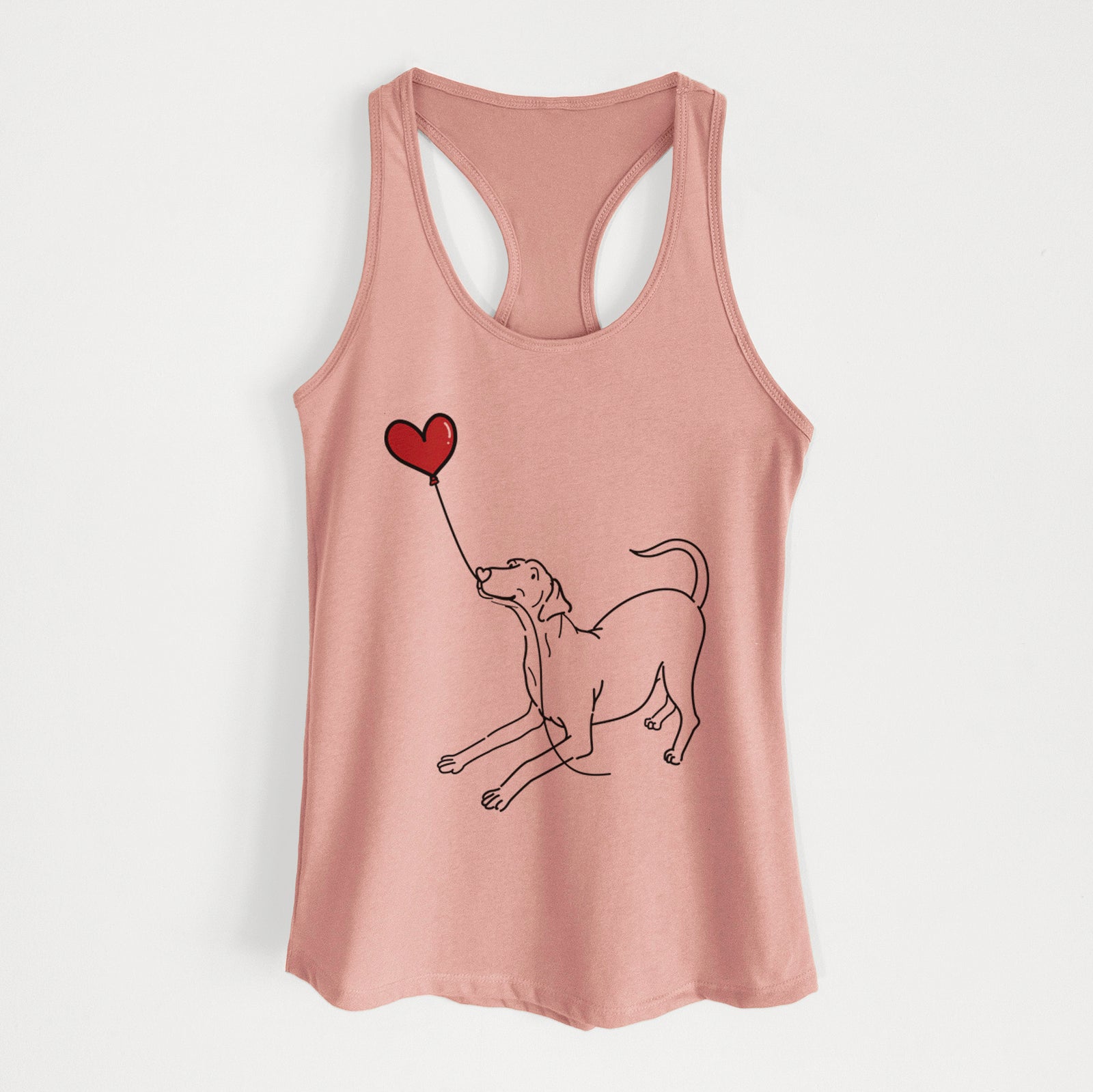 Minimalist line drawing of a Doberman Pinscher Heart String holding a heart balloon on a Desert Pink Women's racerback tanktop