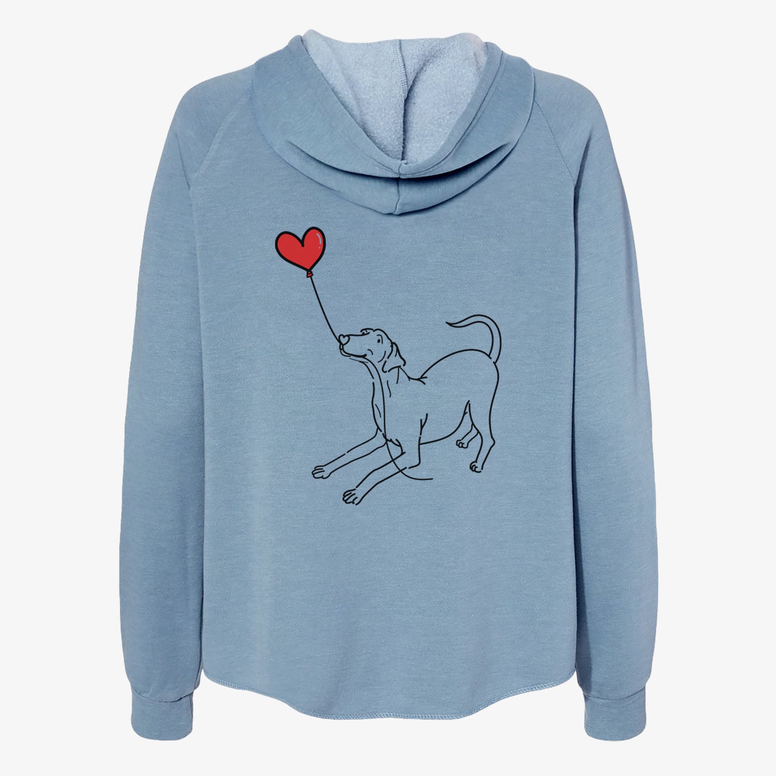 Minimalist line drawing of a Doberman Pinscher Heart String- Women's Cali Wave Zip-Up Sweatshirt holding a heart balloon on a Misty Blue Cali Wave Zipup Sweatshirt