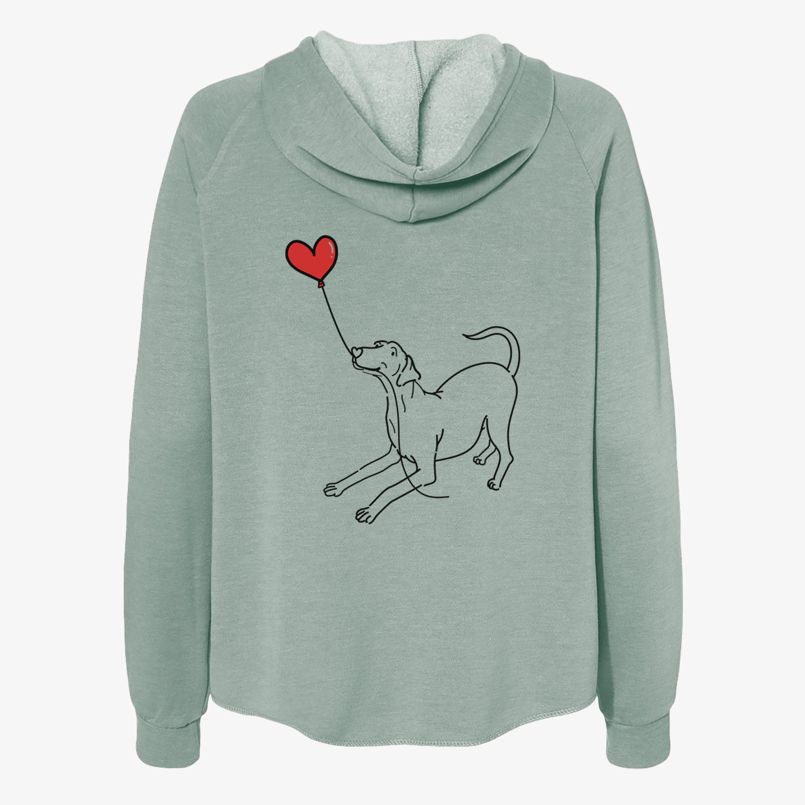 Minimalist line drawing of a Doberman Pinscher Heart String- Women's Cali Wave Zip-Up Sweatshirt holding a heart balloon on a Sage Cali Wave Zipup Sweatshirt
