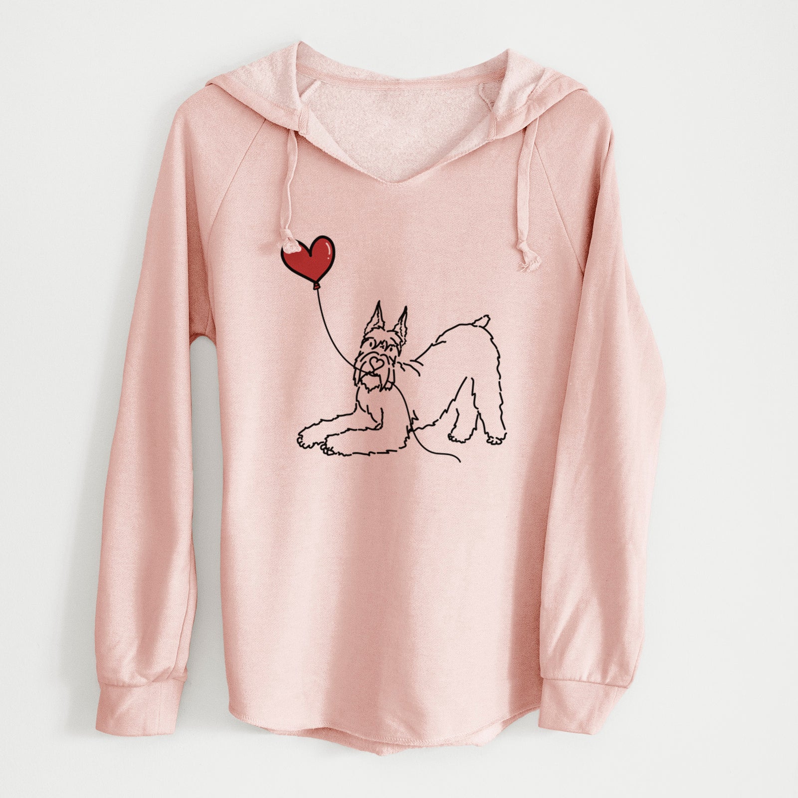 Minimalist line drawing of a Docked Giant Schnauzer Heart String holding a heart balloon on a Blush Cali Wave Hooded Sweatshirt