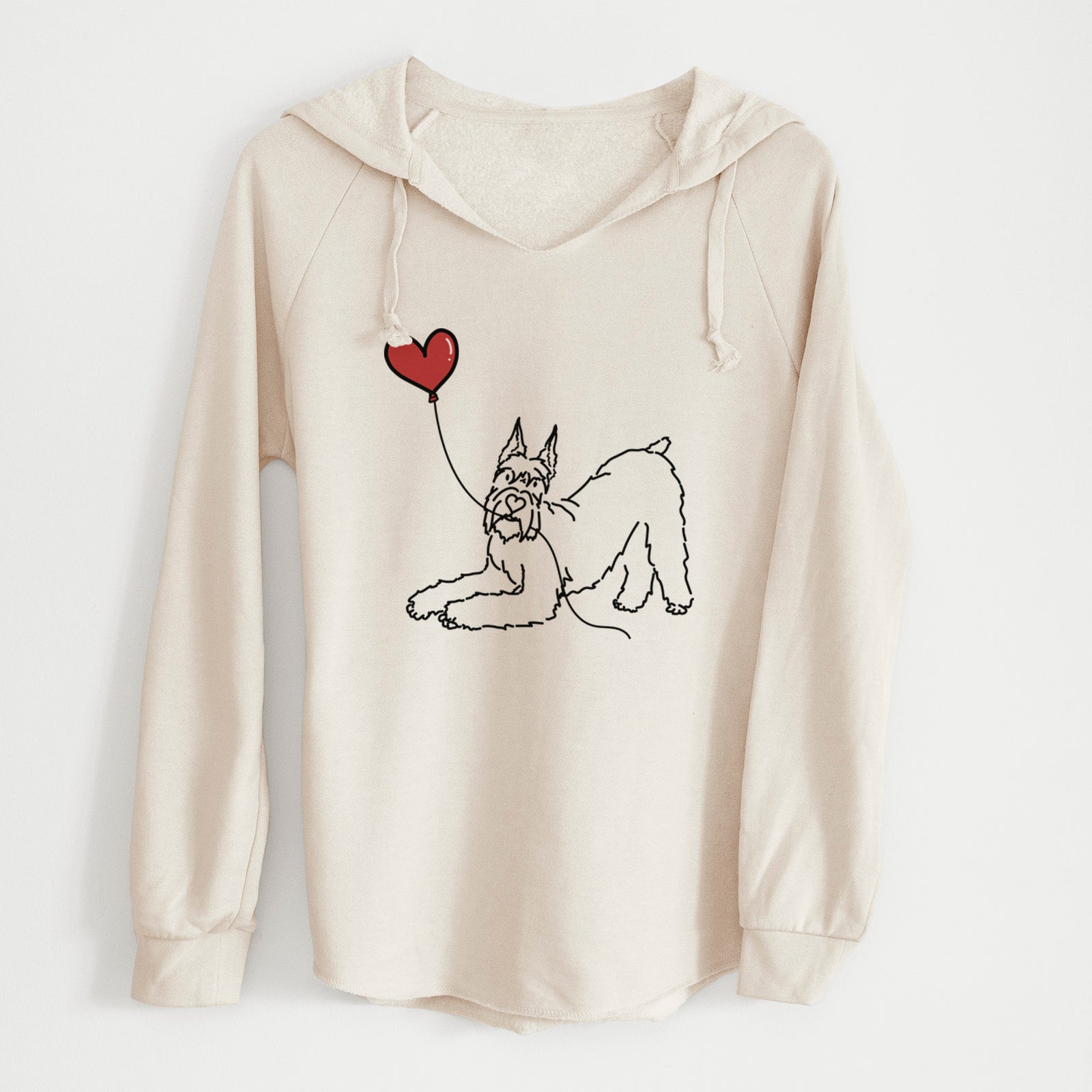 Minimalist line drawing of a Docked Giant Schnauzer Heart String holding a heart balloon on a Bone Cali Wave Hooded Sweatshirt