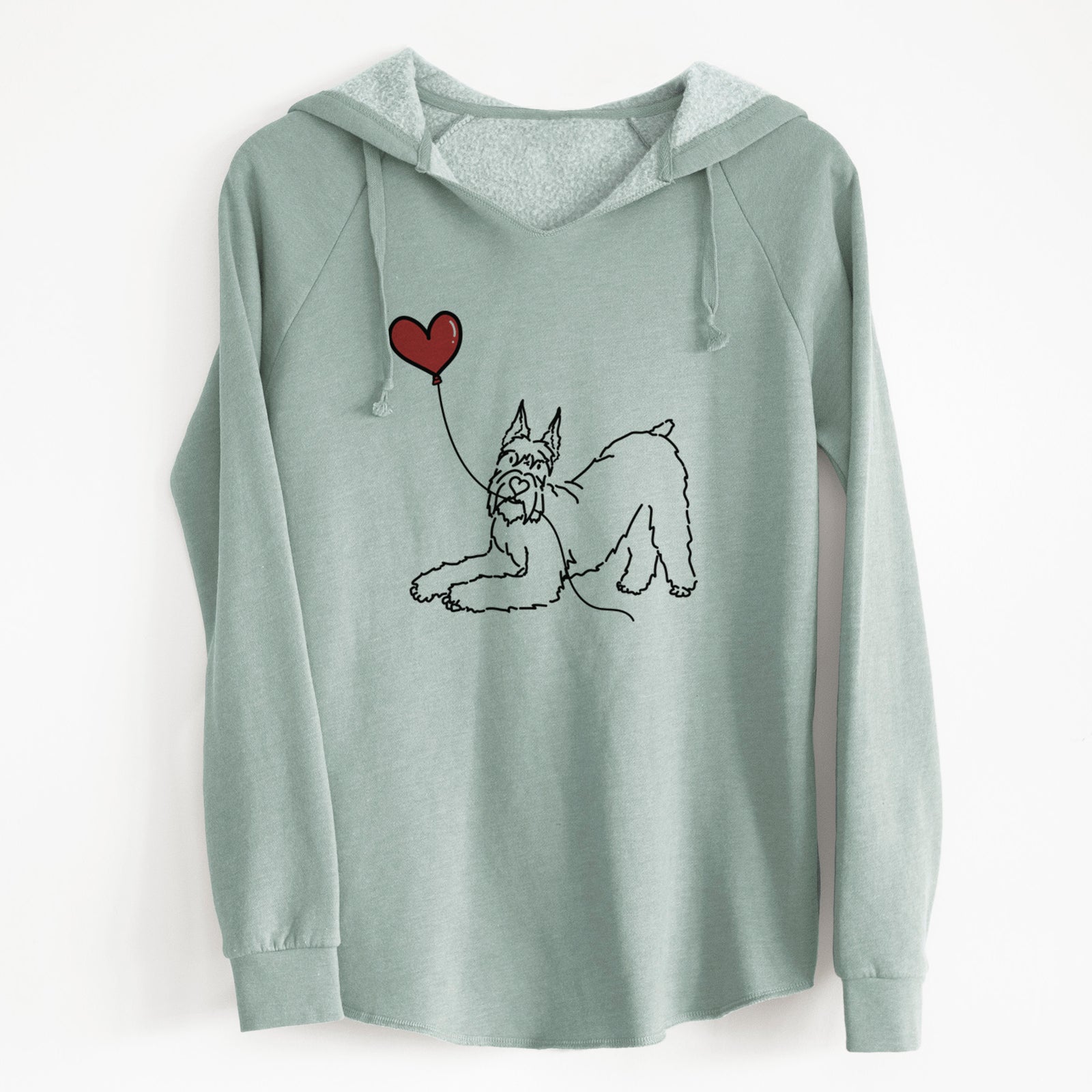 Minimalist line drawing of a Docked Giant Schnauzer Heart String holding a heart balloon on a Sage Cali Wave Hooded Sweatshirt