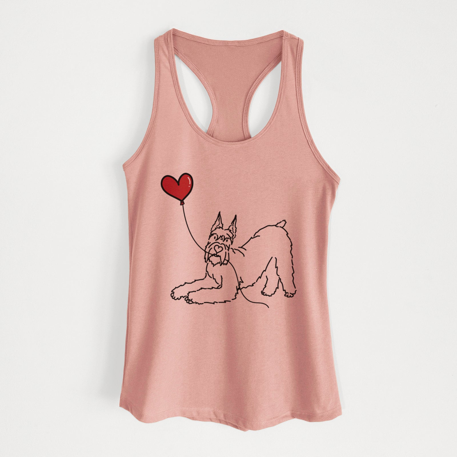 Minimalist line drawing of a Docked Giant Schnauzer Heart String holding a heart balloon on a Desert Pink Women's racerback tanktop