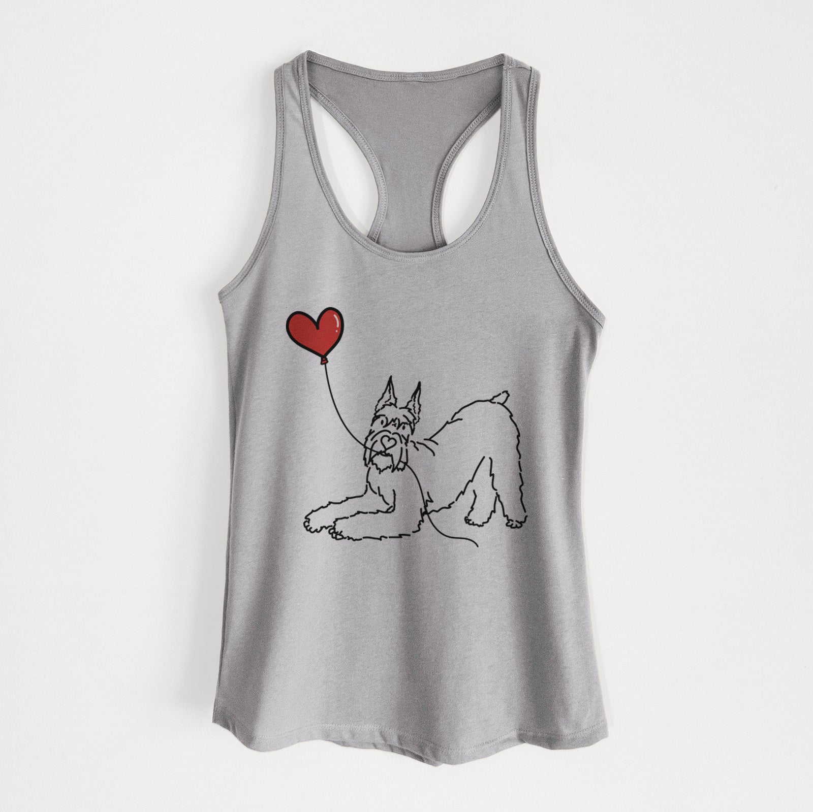 Minimalist line drawing of a Docked Giant Schnauzer Heart String holding a heart balloon on a Heather Grey Women's racerback tanktop