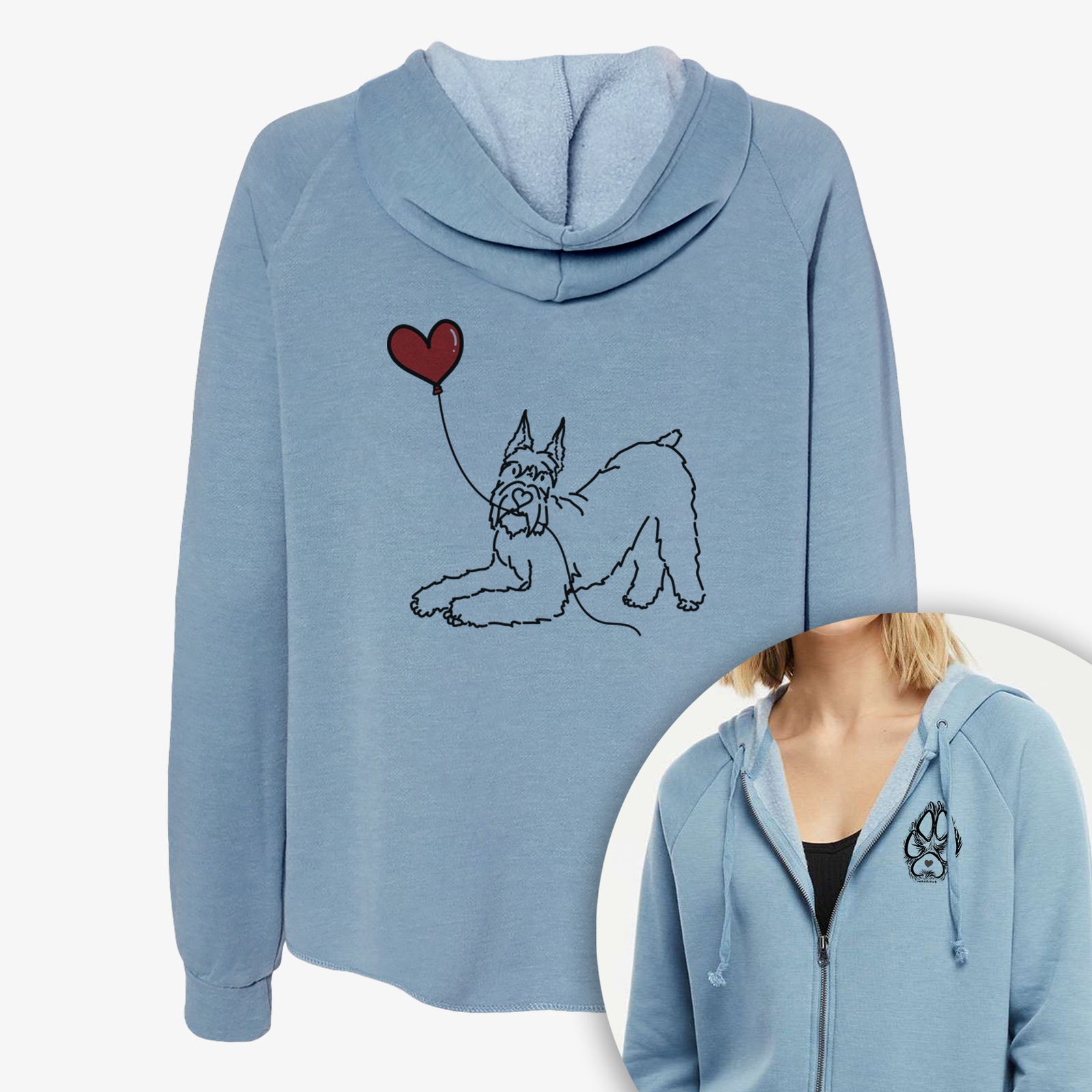 Minimalist line drawing of a Docked Giant Schnauzer Heart String- Women's Cali Wave Zip-Up Sweatshirt holding a heart balloon on a Cali Wave Zipup Sweatshirt, shown with icons of the other available costume styles