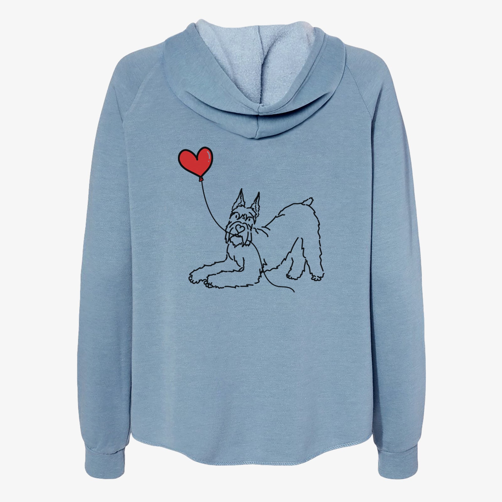 Minimalist line drawing of a Docked Giant Schnauzer Heart String- Women's Cali Wave Zip-Up Sweatshirt holding a heart balloon on a Misty Blue Cali Wave Zipup Sweatshirt