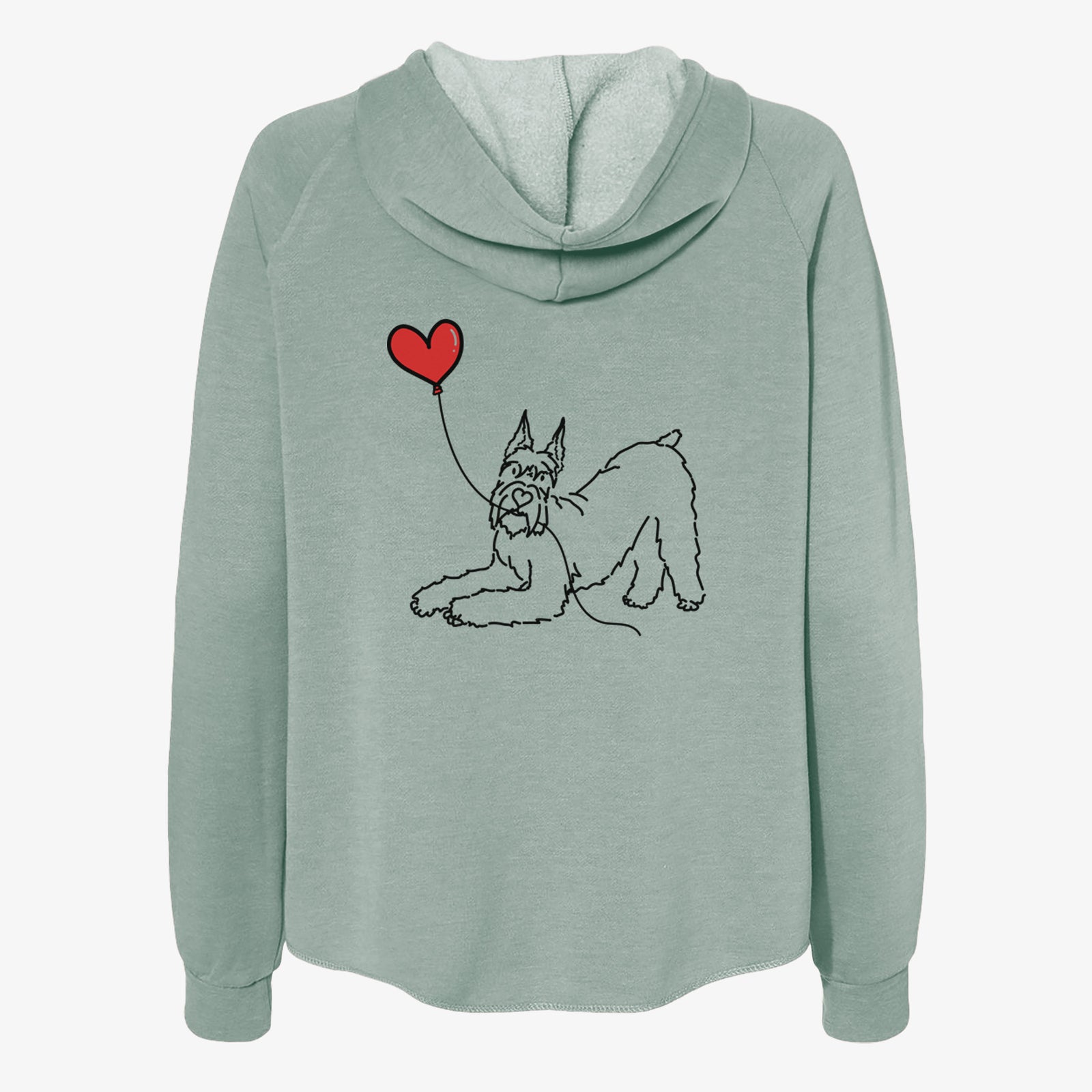 Minimalist line drawing of a Docked Giant Schnauzer Heart String- Women's Cali Wave Zip-Up Sweatshirt holding a heart balloon on a Sage Cali Wave Zipup Sweatshirt