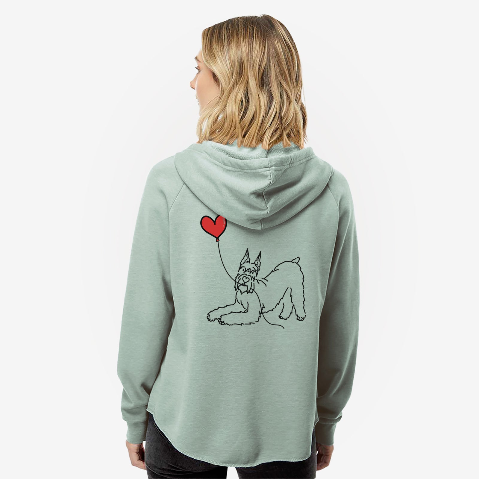 Minimalist line drawing of a Docked Giant Schnauzer Heart String- Women's Cali Wave Zip-Up Sweatshirt holding a heart balloon on a Sage Cali Wave Zipup Sweatshirt