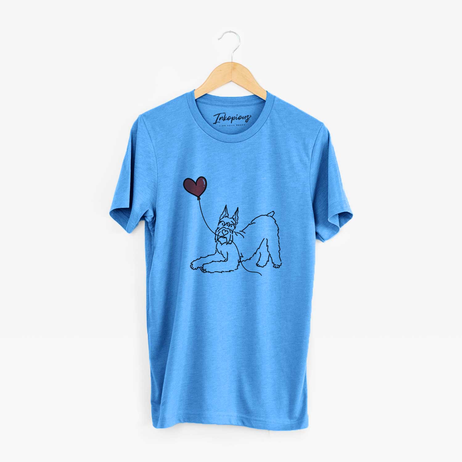 Minimalist line drawing of a Docked Giant Schnauzer Heart String holding a heart balloon on a Blue Unisex crewneck