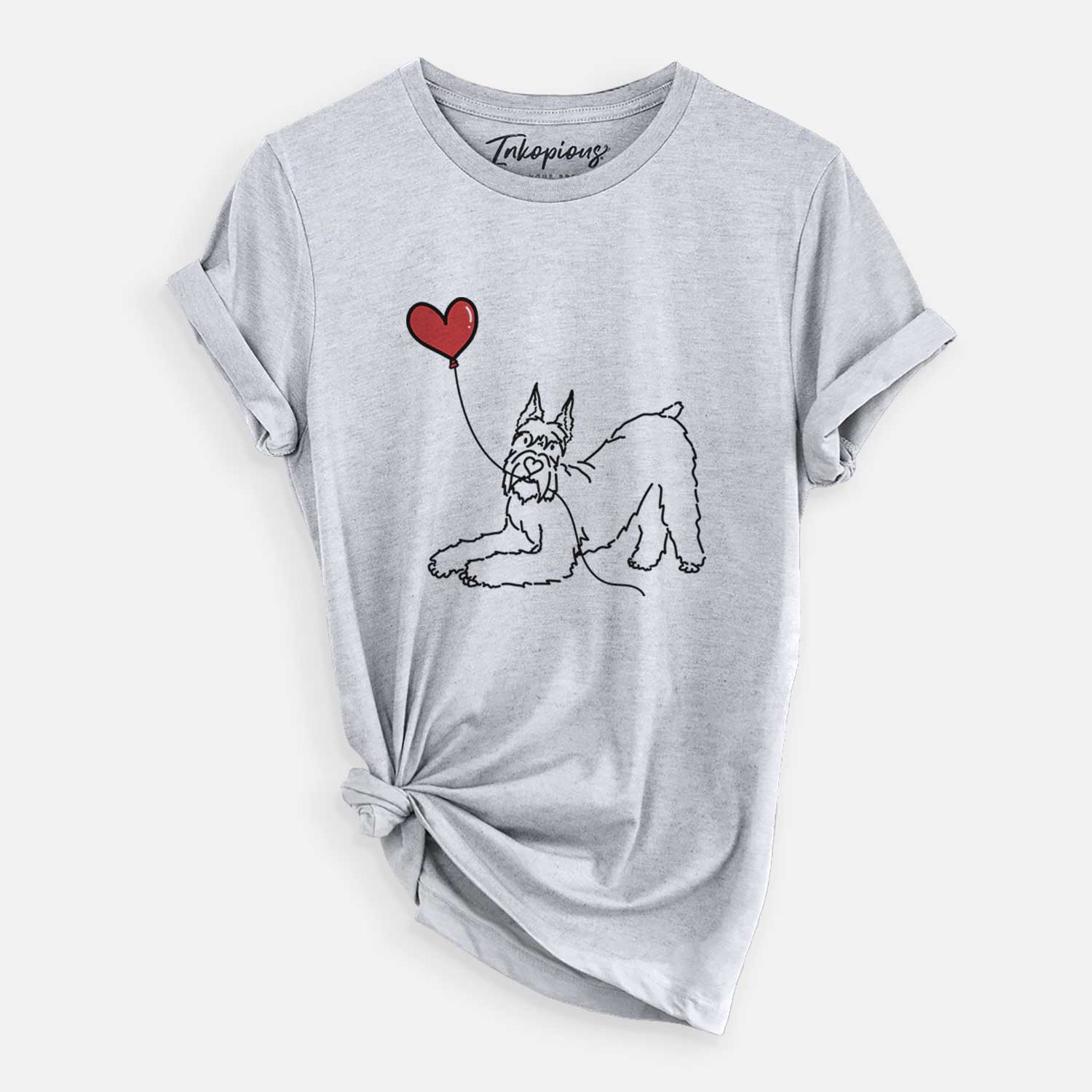 Minimalist line drawing of a Docked Giant Schnauzer Heart String holding a heart balloon on a Grey Unisex crewneck