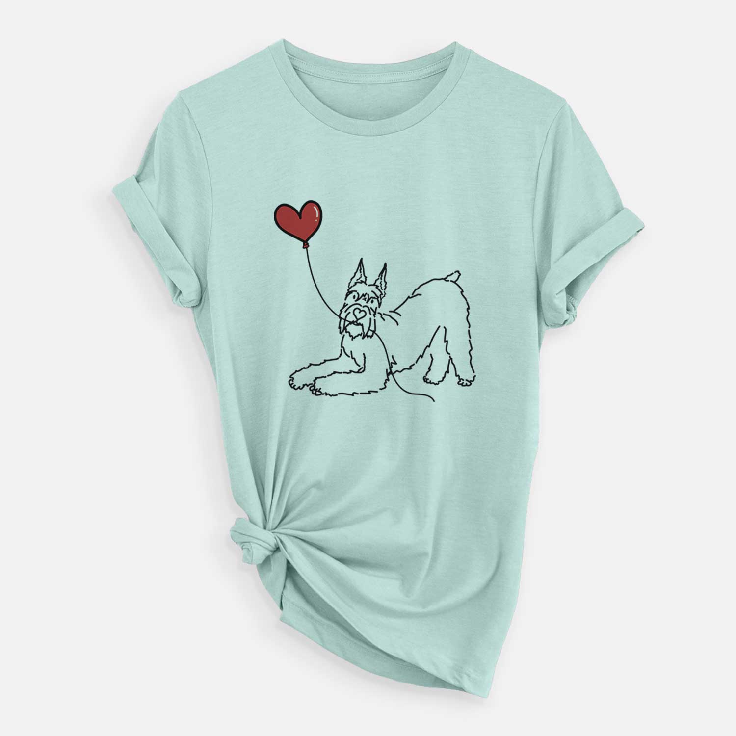 Minimalist line drawing of a Docked Giant Schnauzer Heart String holding a heart balloon on a Heather Sage Unisex crewneck