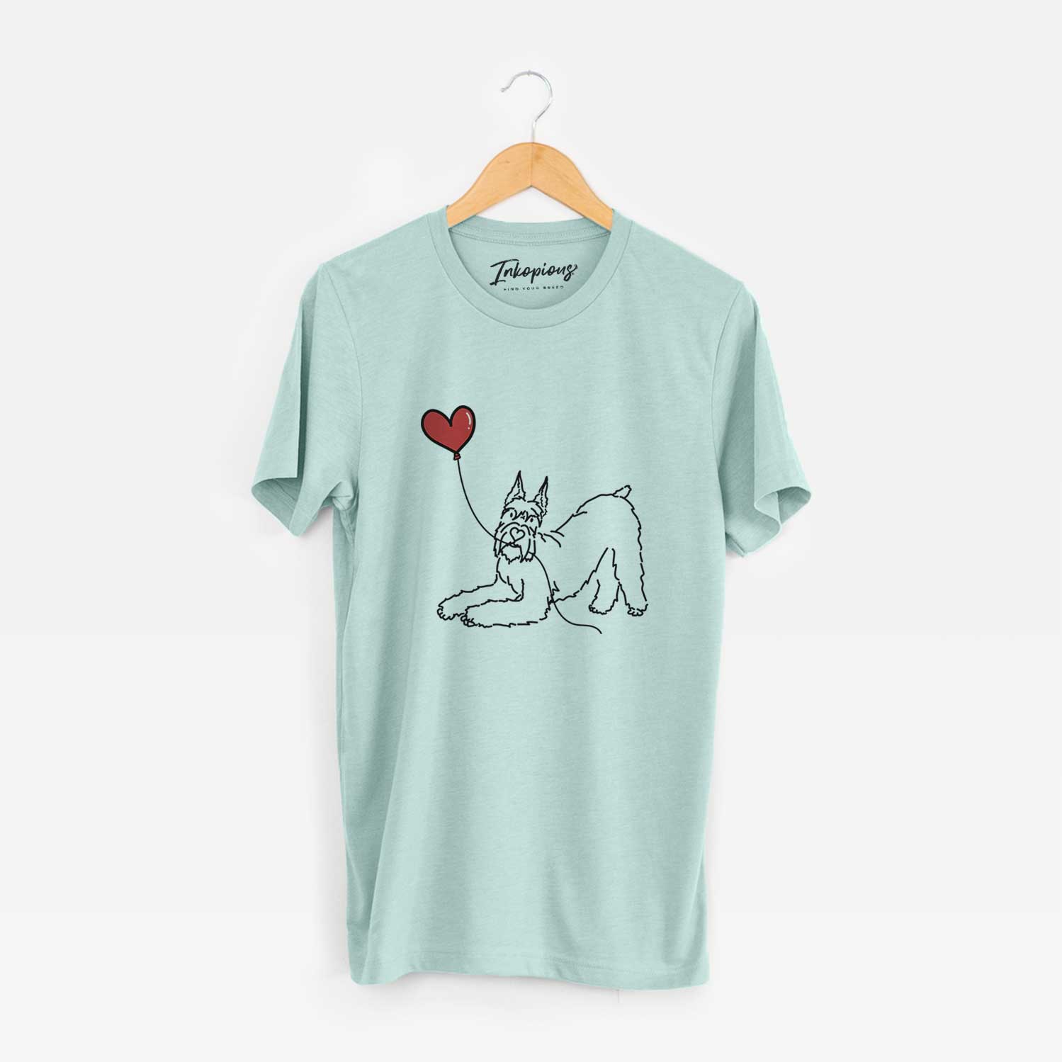 Minimalist line drawing of a Docked Giant Schnauzer Heart String holding a heart balloon on a Heather Sage Unisex crewneck