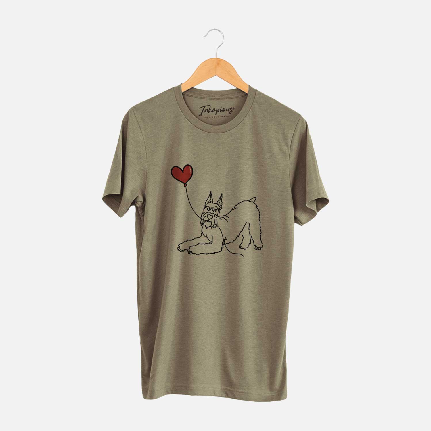 Minimalist line drawing of a Docked Giant Schnauzer Heart String holding a heart balloon on an Olive Unisex crewneck