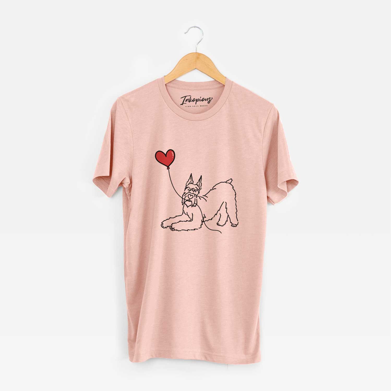 Minimalist line drawing of a Docked Giant Schnauzer Heart String holding a heart balloon on a Peach Unisex crewneck