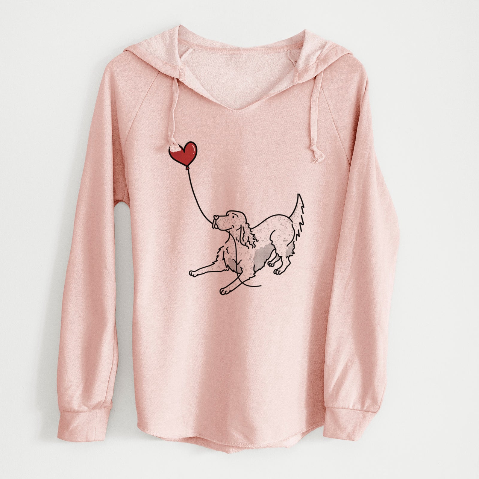 Minimalist line drawing of an English Setter Heart String holding a heart balloon on a Blush Cali Wave Hooded Sweatshirt