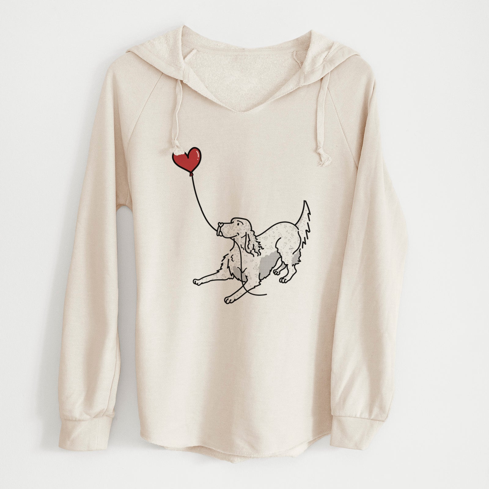Minimalist line drawing of an English Setter Heart String holding a heart balloon on a Bone Cali Wave Hooded Sweatshirt