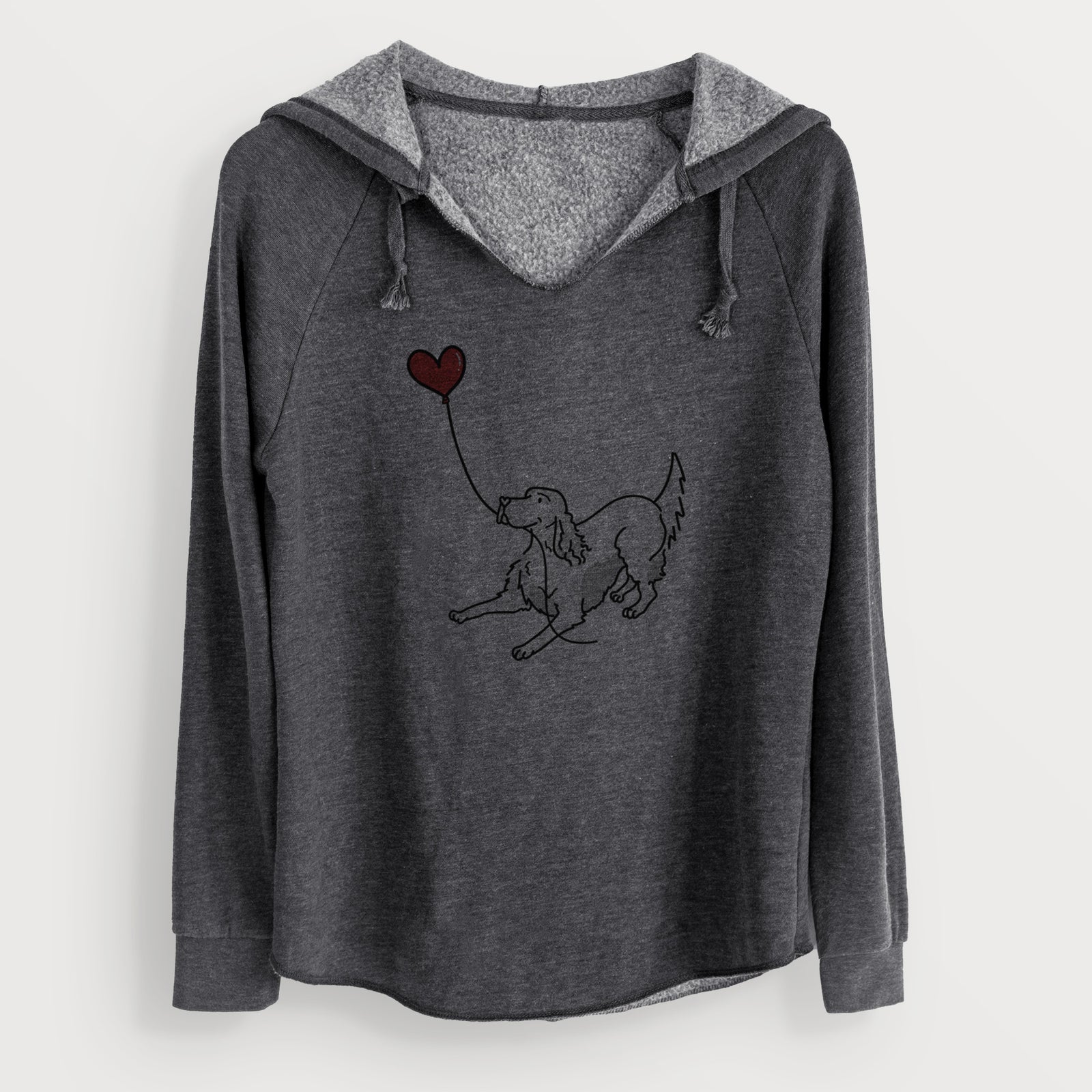 Minimalist line drawing of an English Setter Heart String holding a heart balloon on a Charcoal Cali Wave Hooded Sweatshirt